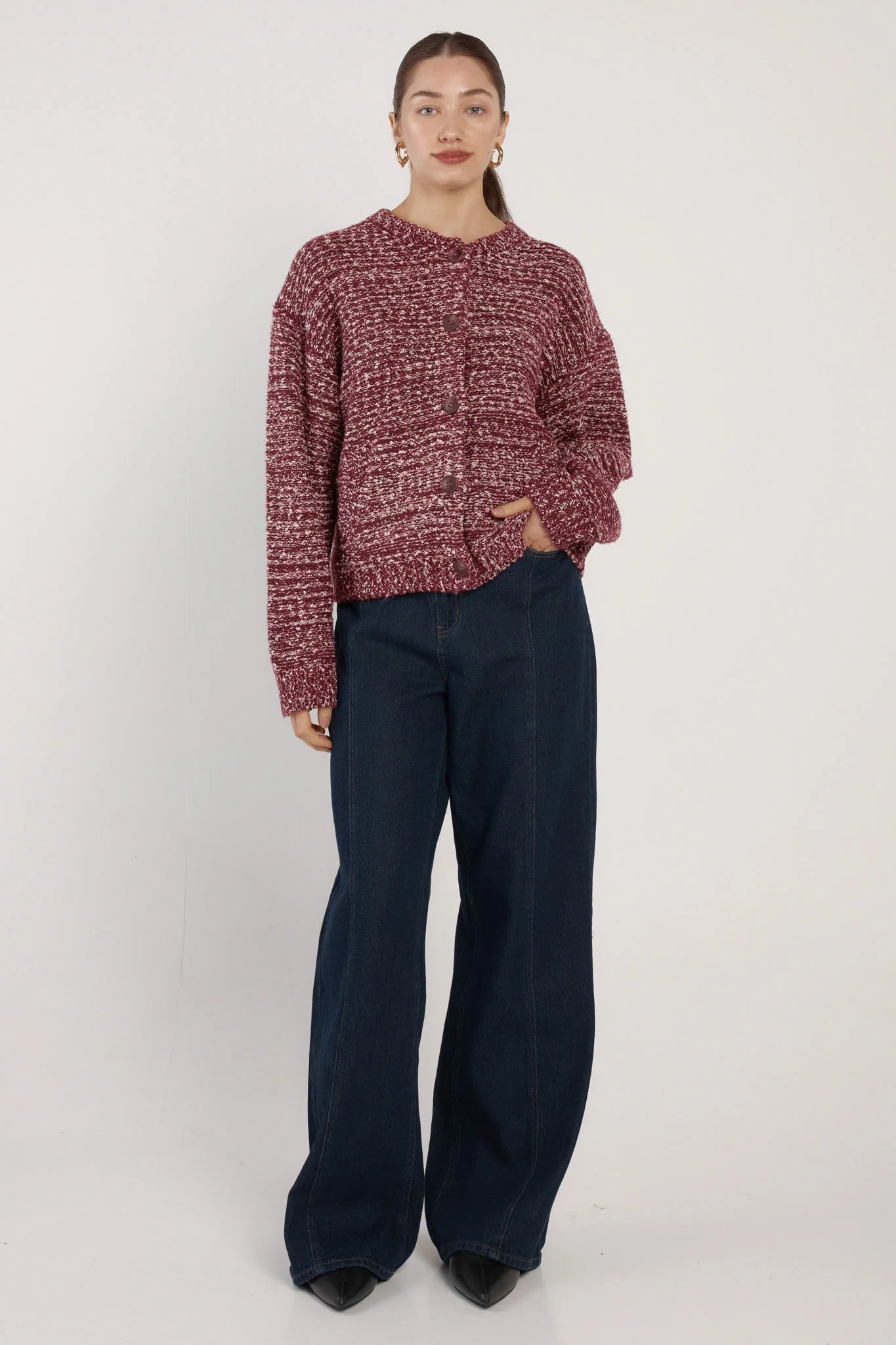 Fate+Becker Quinn Boucle Bomber Cardi - Burgundy/White