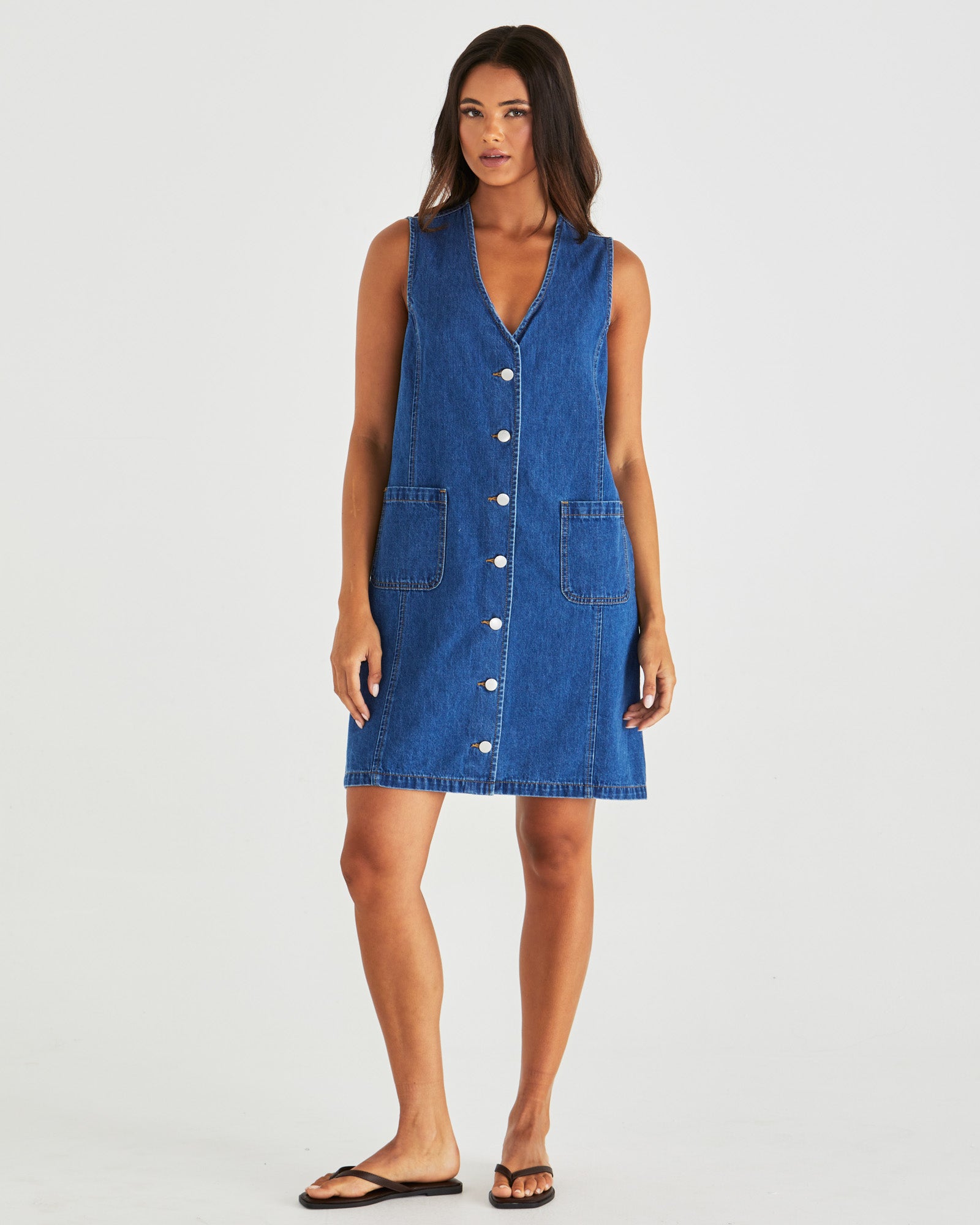 Sass Sabine Denim Vest Dress - Mid Blue Wash
