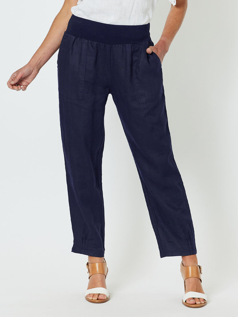 Gordon Smith Sarah Linen Pleat Hem Pant - Navy