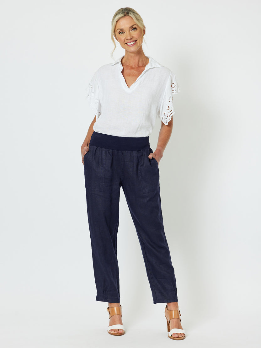 Gordon Smith Sarah Linen Pleat Hem Pant - Navy
