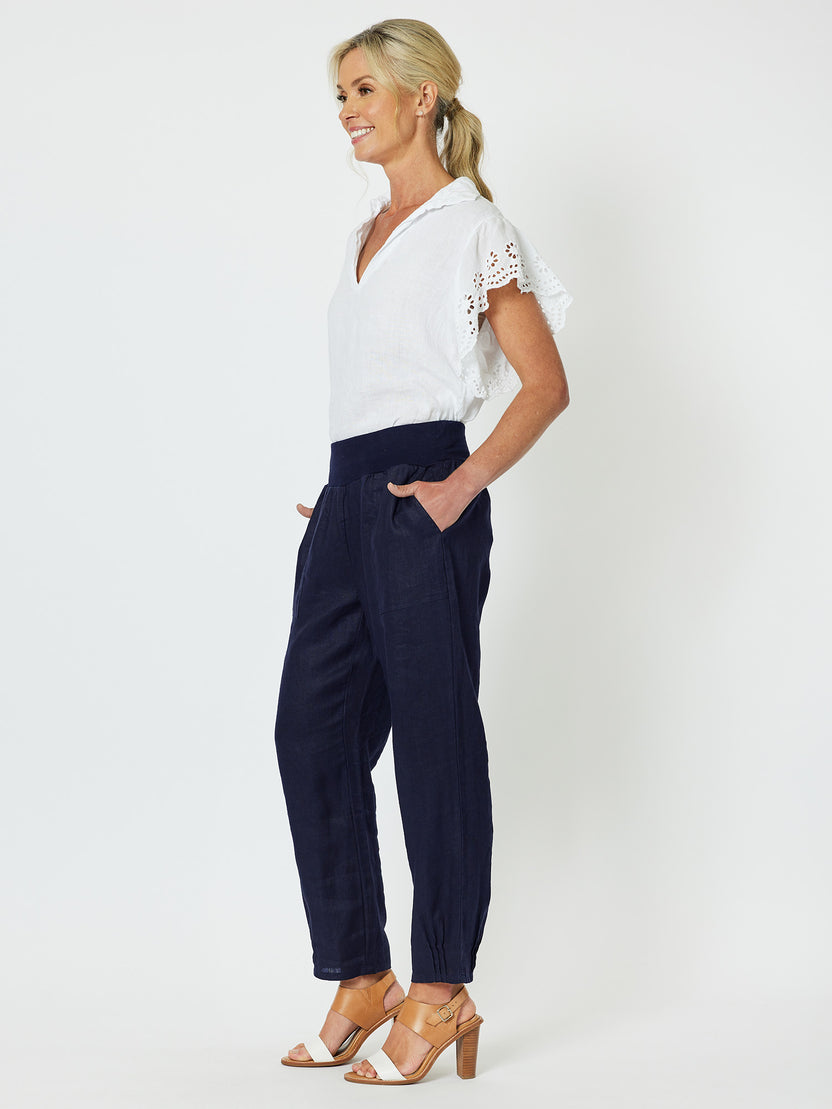 Gordon Smith Sarah Linen Pleat Hem Pant - Navy