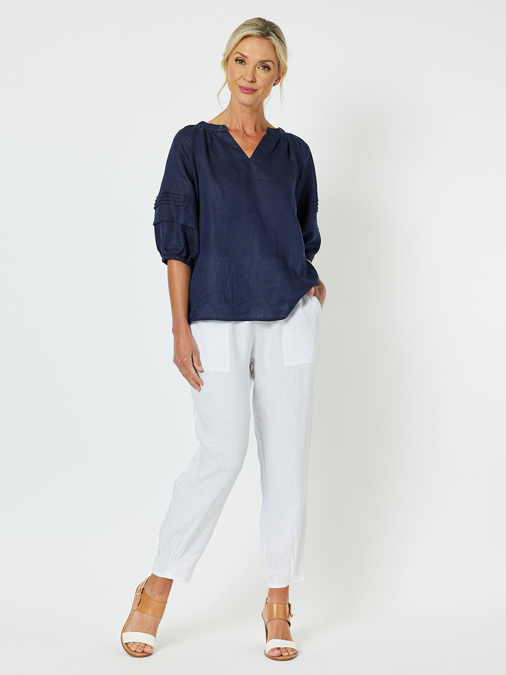 Gordon Smith Sarah Linen Pleat Hem Pant - White