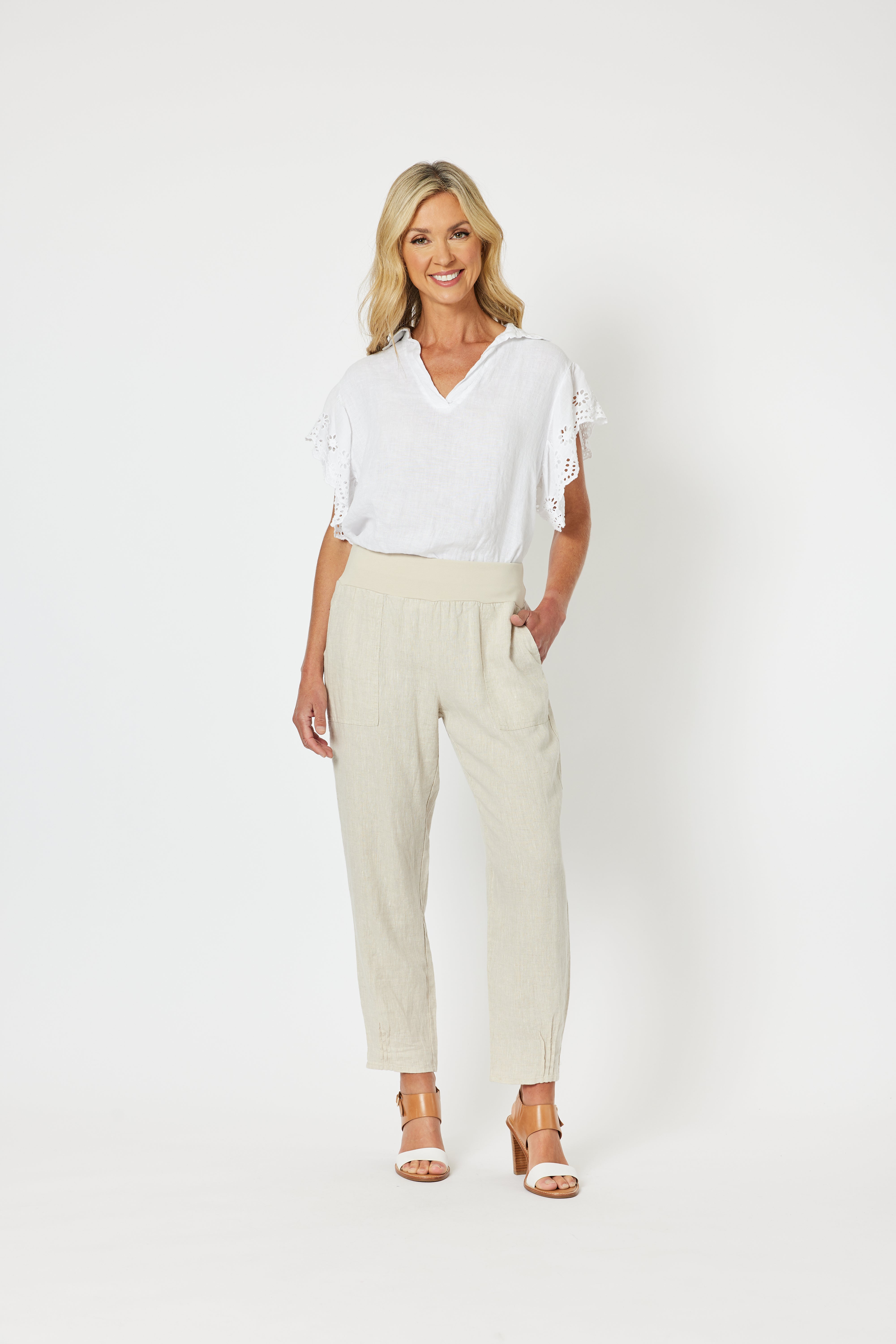 Gordon Smith Sarah Linen Pleat Hem Pant - Natural