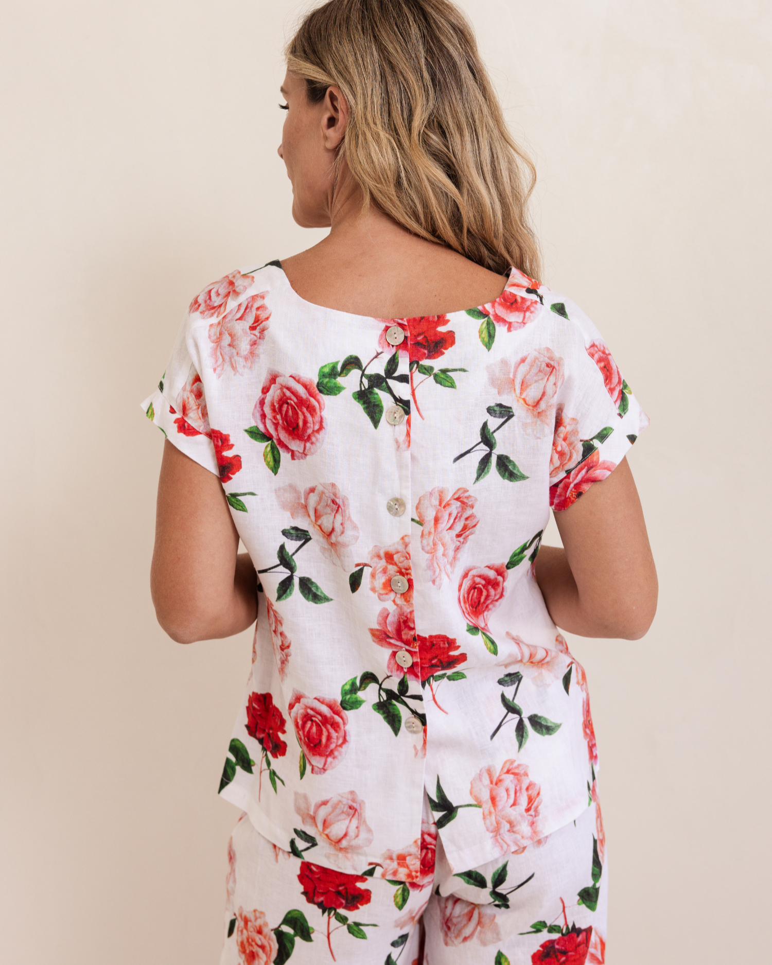 See Saw Button Back Cap Sleeve Top - Roses