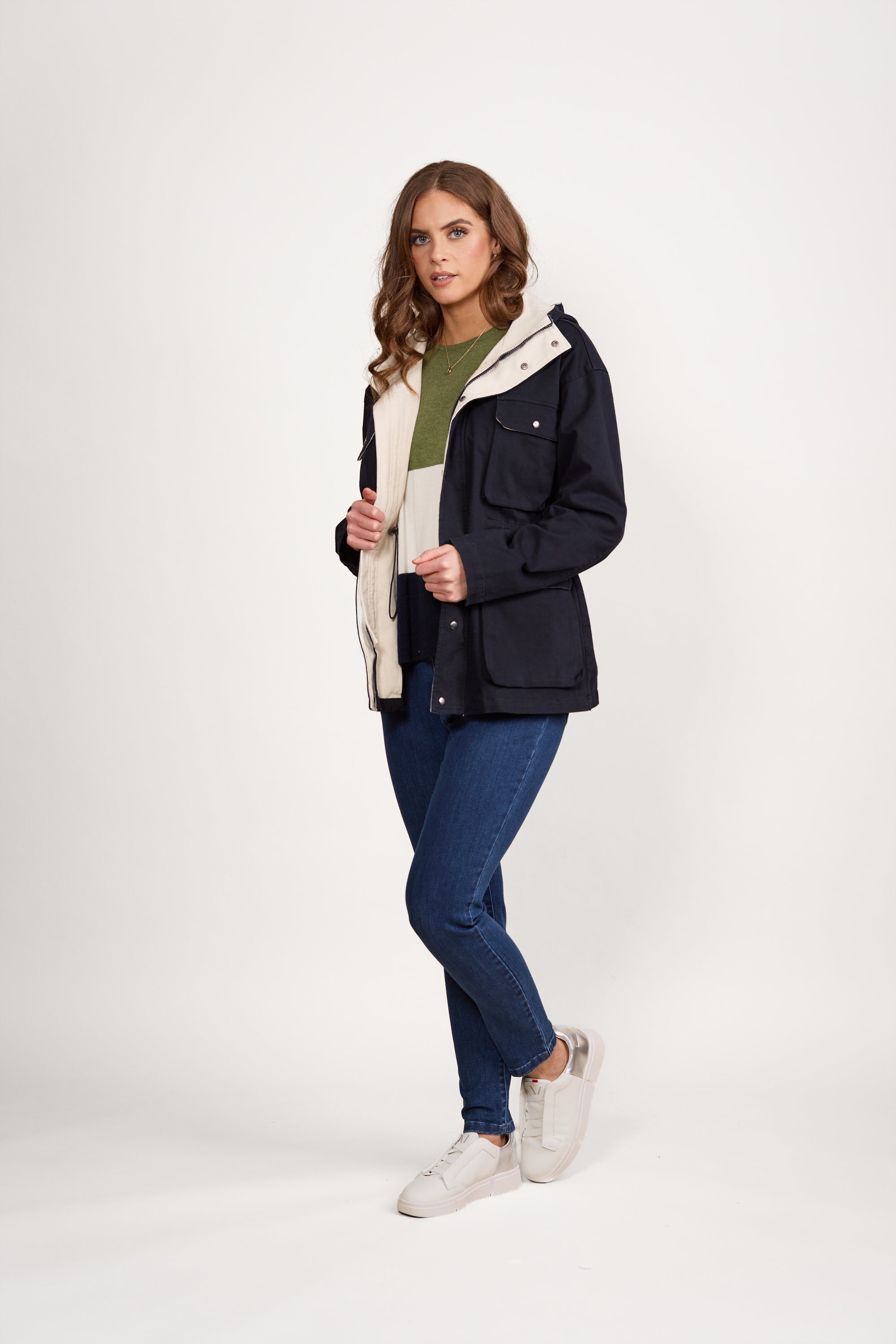 Vassalli Utility Hooded Cargo Jacket - Ink/Cream
