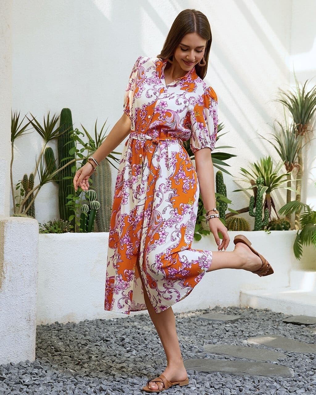 M Floral Print Button-front Belted Shirt Dress - Rust