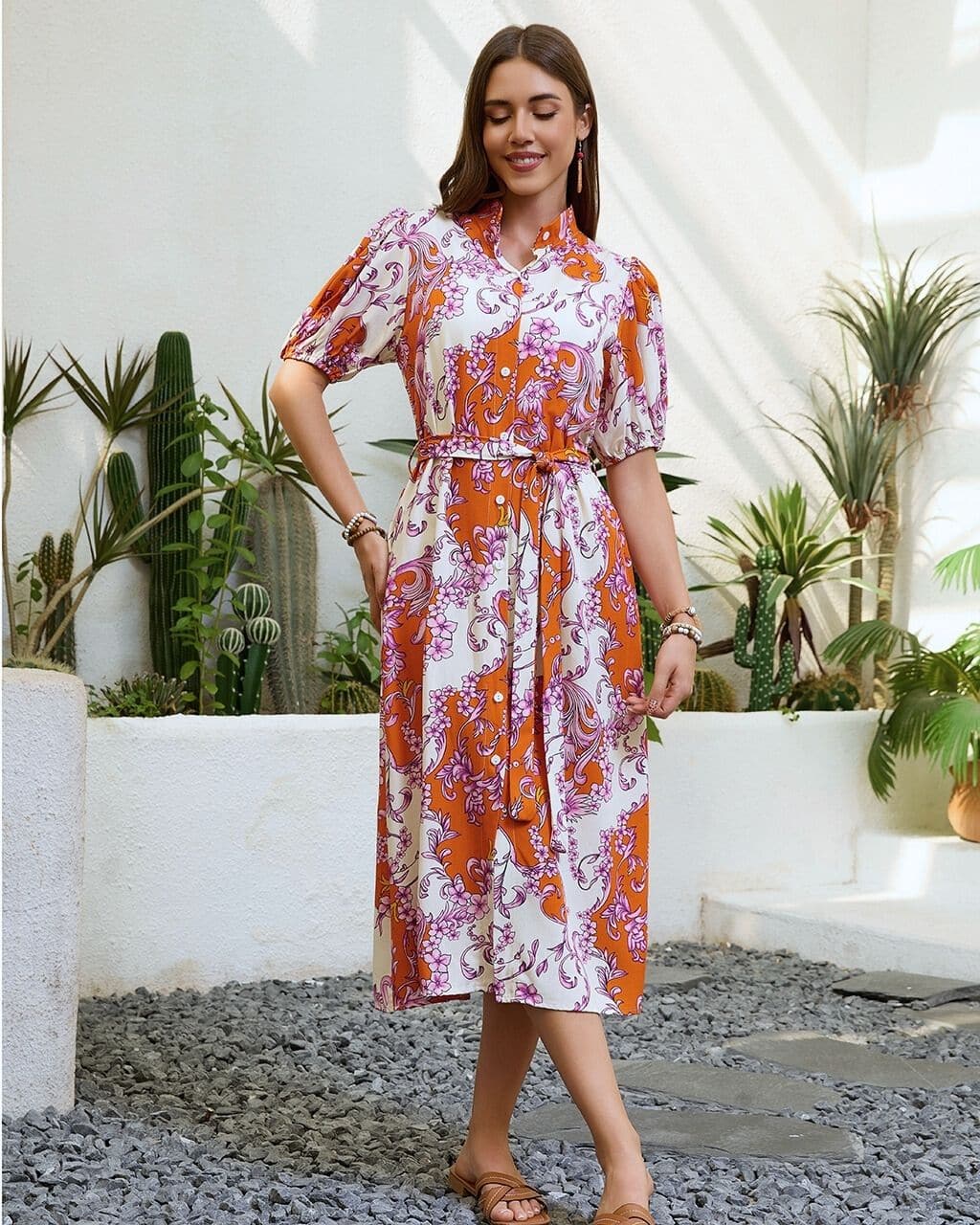 M Floral Print Button-front Belted Shirt Dress - Rust