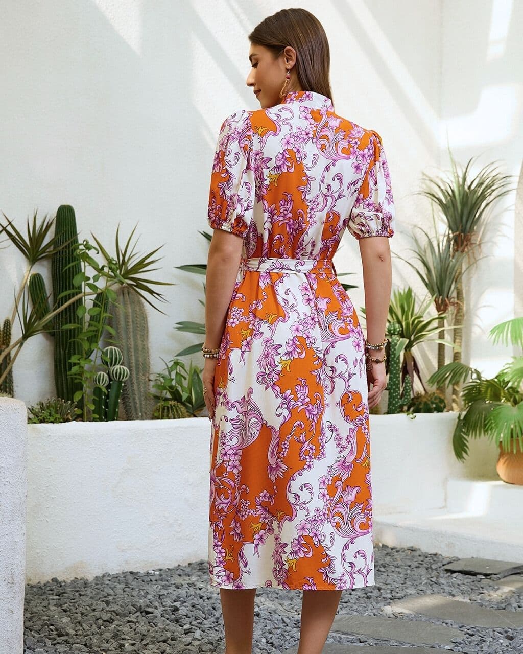 M Floral Print Button-front Belted Shirt Dress - Rust