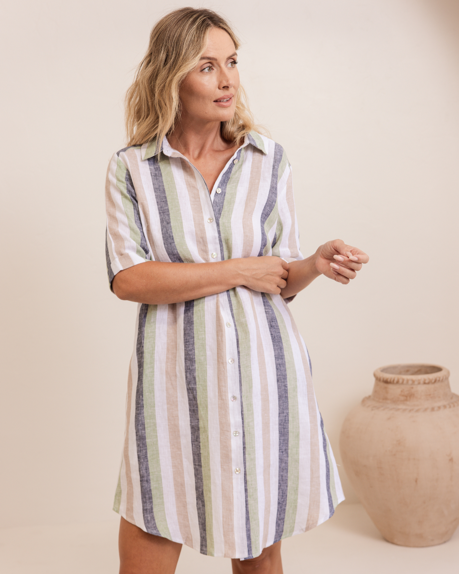 See Saw Shirtmaker Dress - Pistachio/Charcoal Multi Stripe