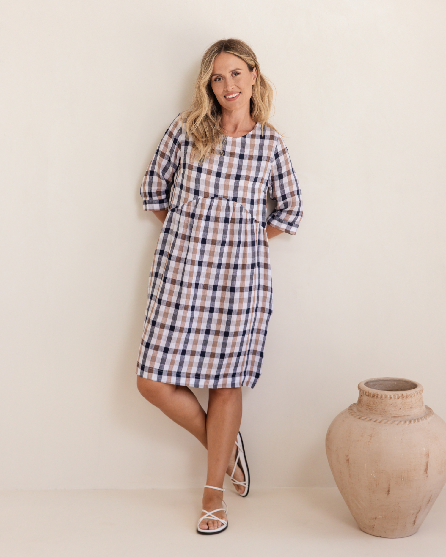 See Saw 3/4 Sleeve Button Back Dress - Navy/Bronze Check