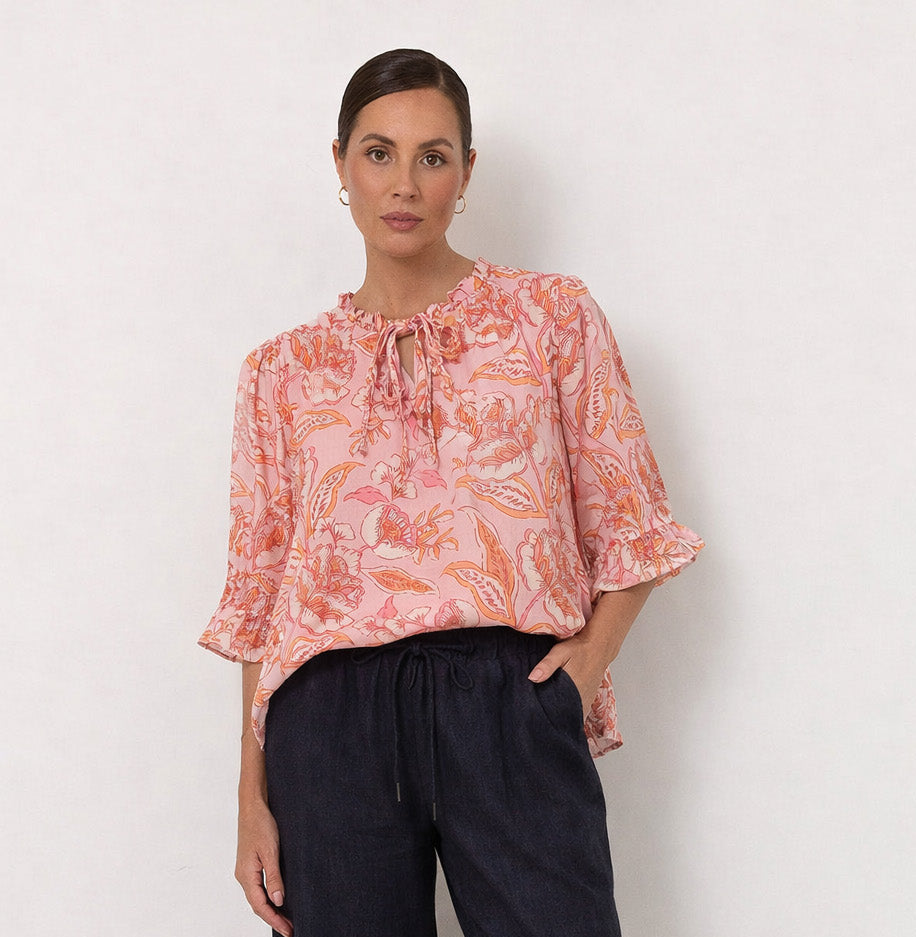Liberty Rose Floral Print Frill Tie Neck Top