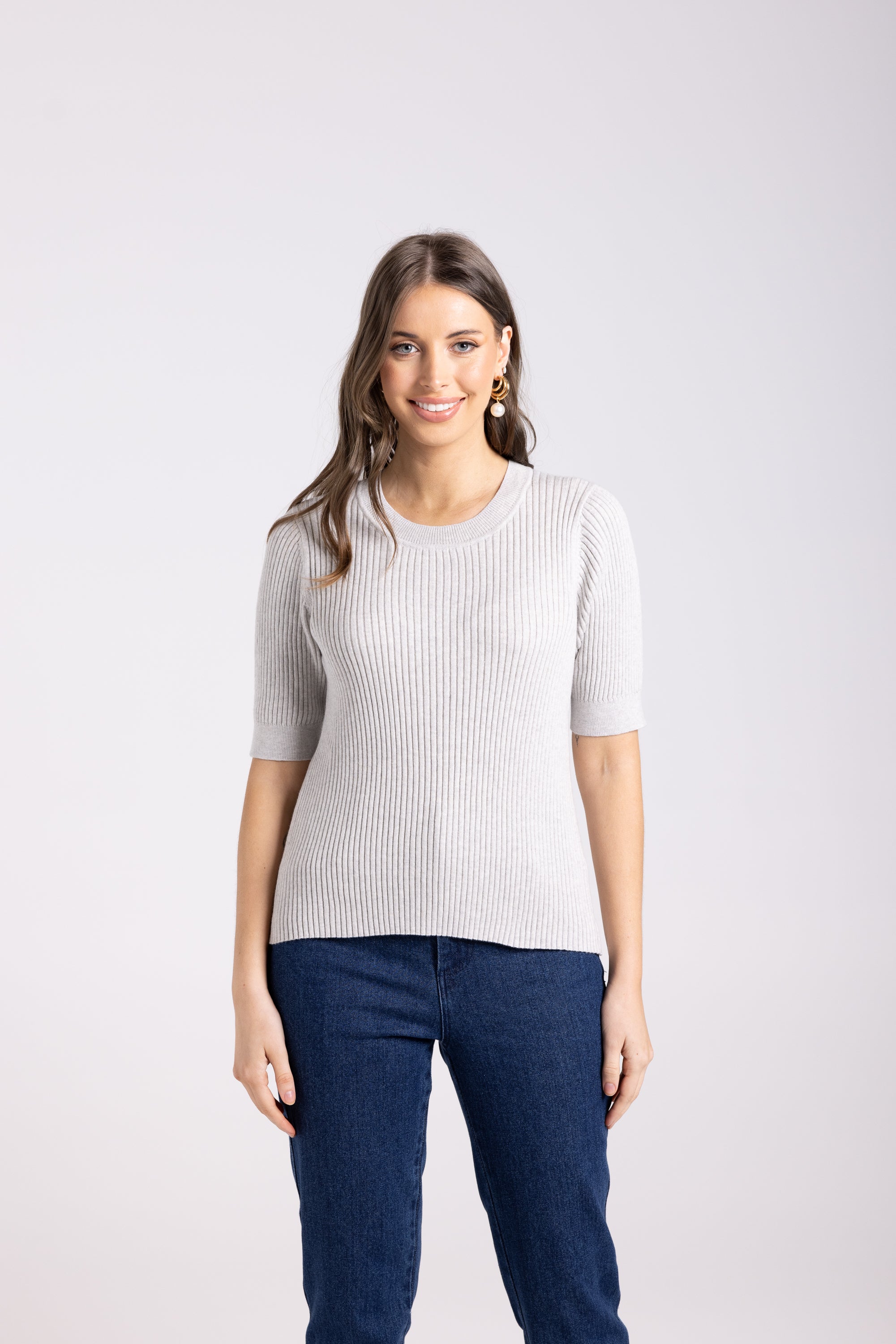 Two T's Rib Knit Crew T-Shirt - Grey Marle