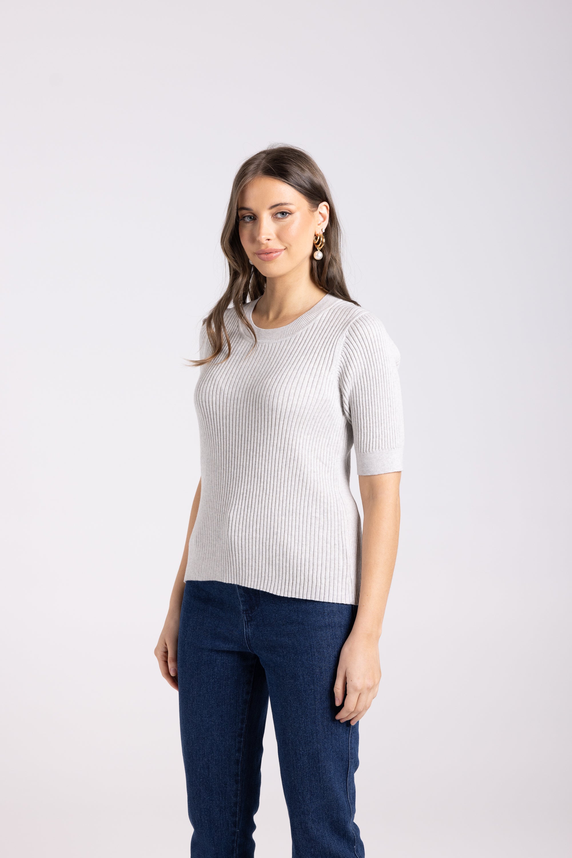 Two T's Rib Knit Crew T-Shirt - Grey Marle