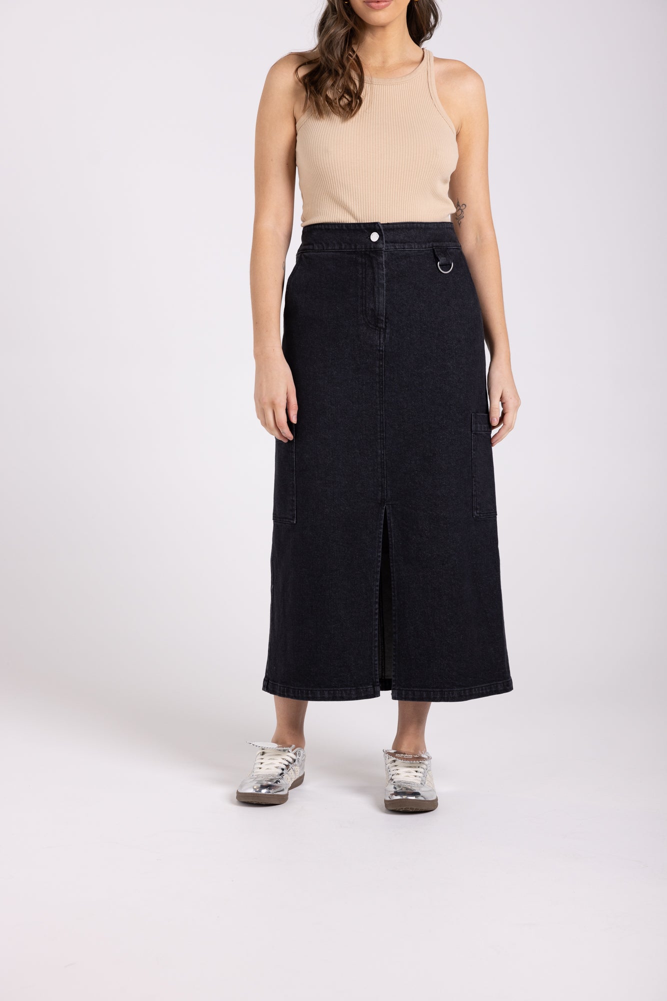 Two T's Denim Midi Cargo Skirt - Black