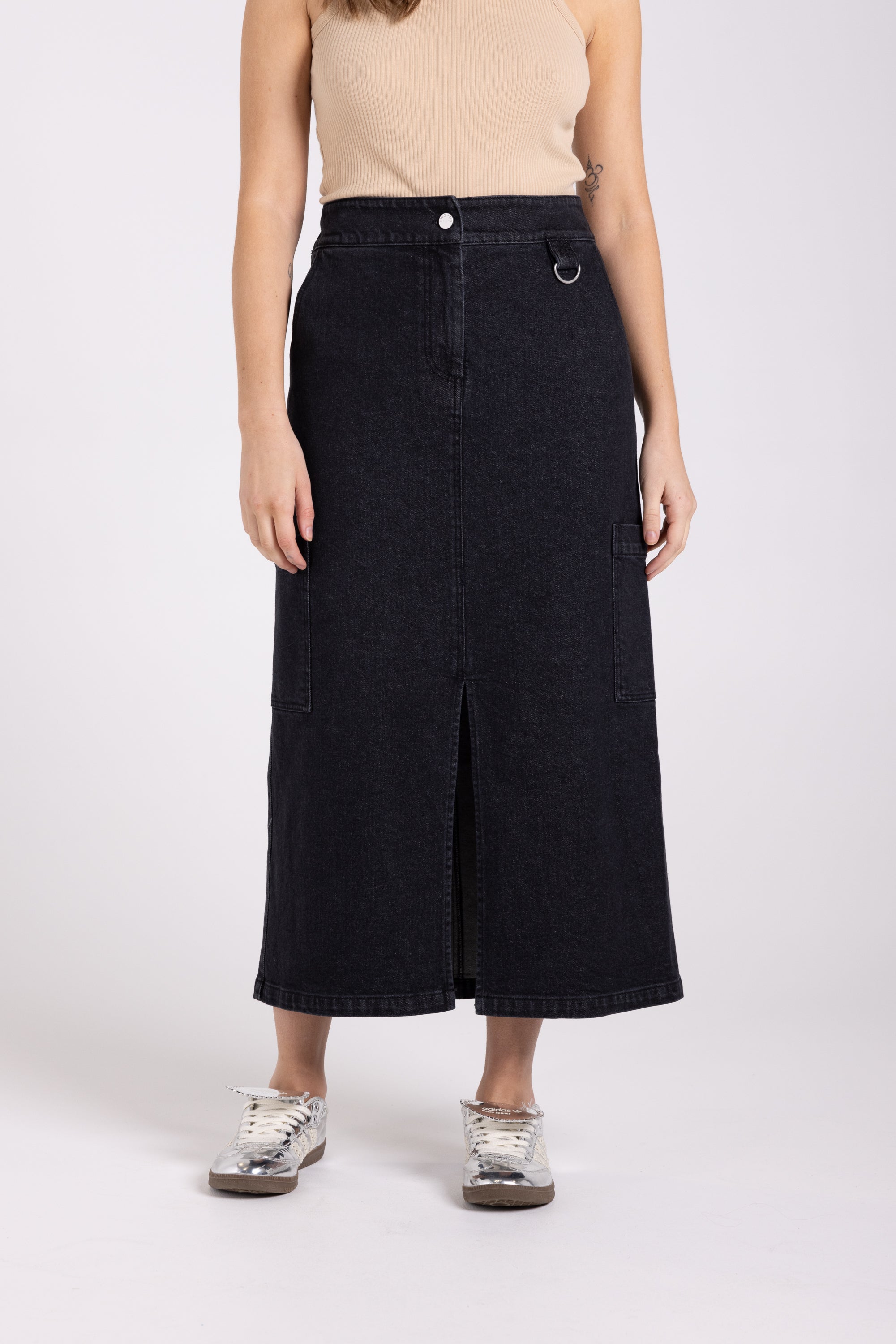 Two T's Denim Midi Cargo Skirt - Black