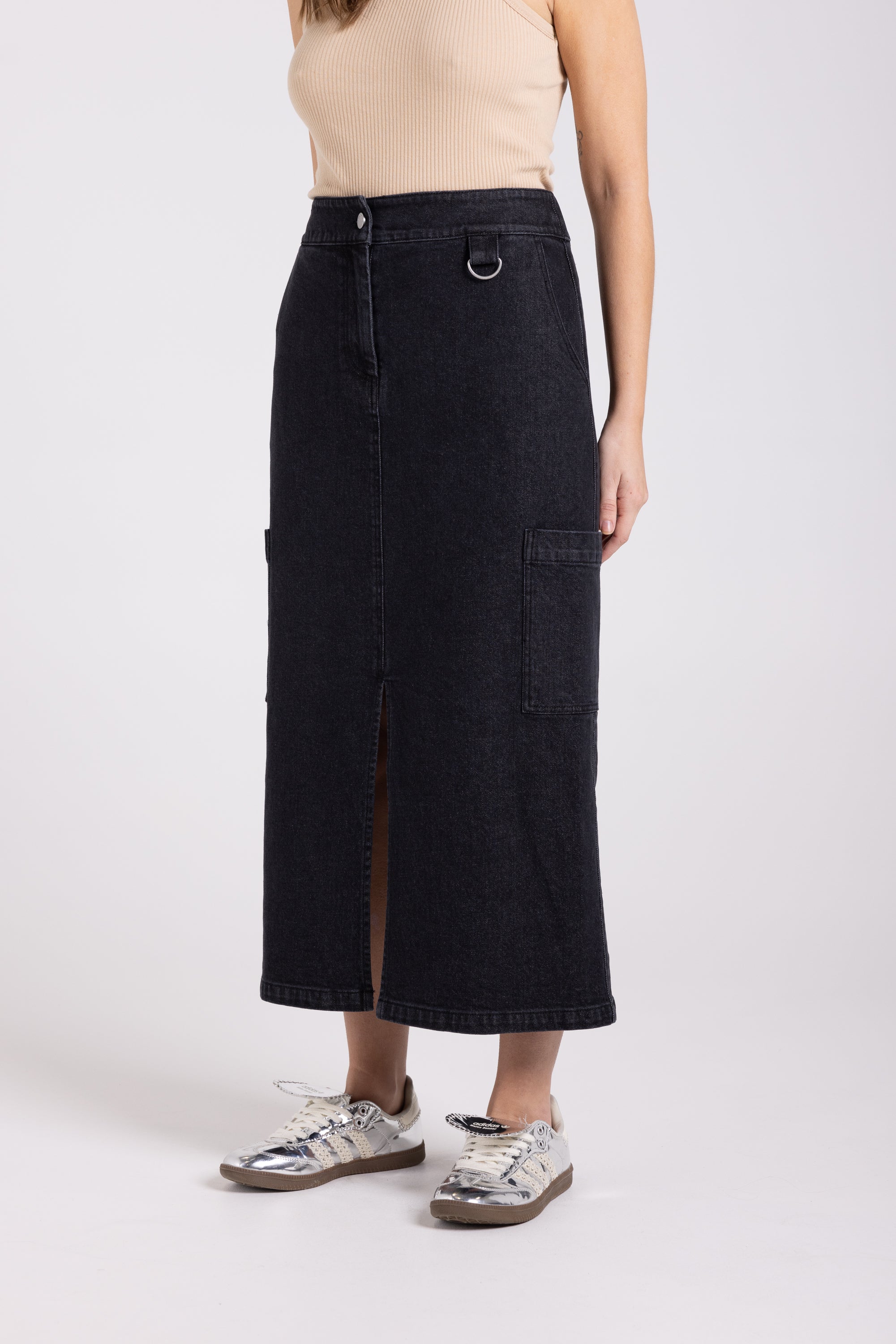 Two T's Denim Midi Cargo Skirt - Black
