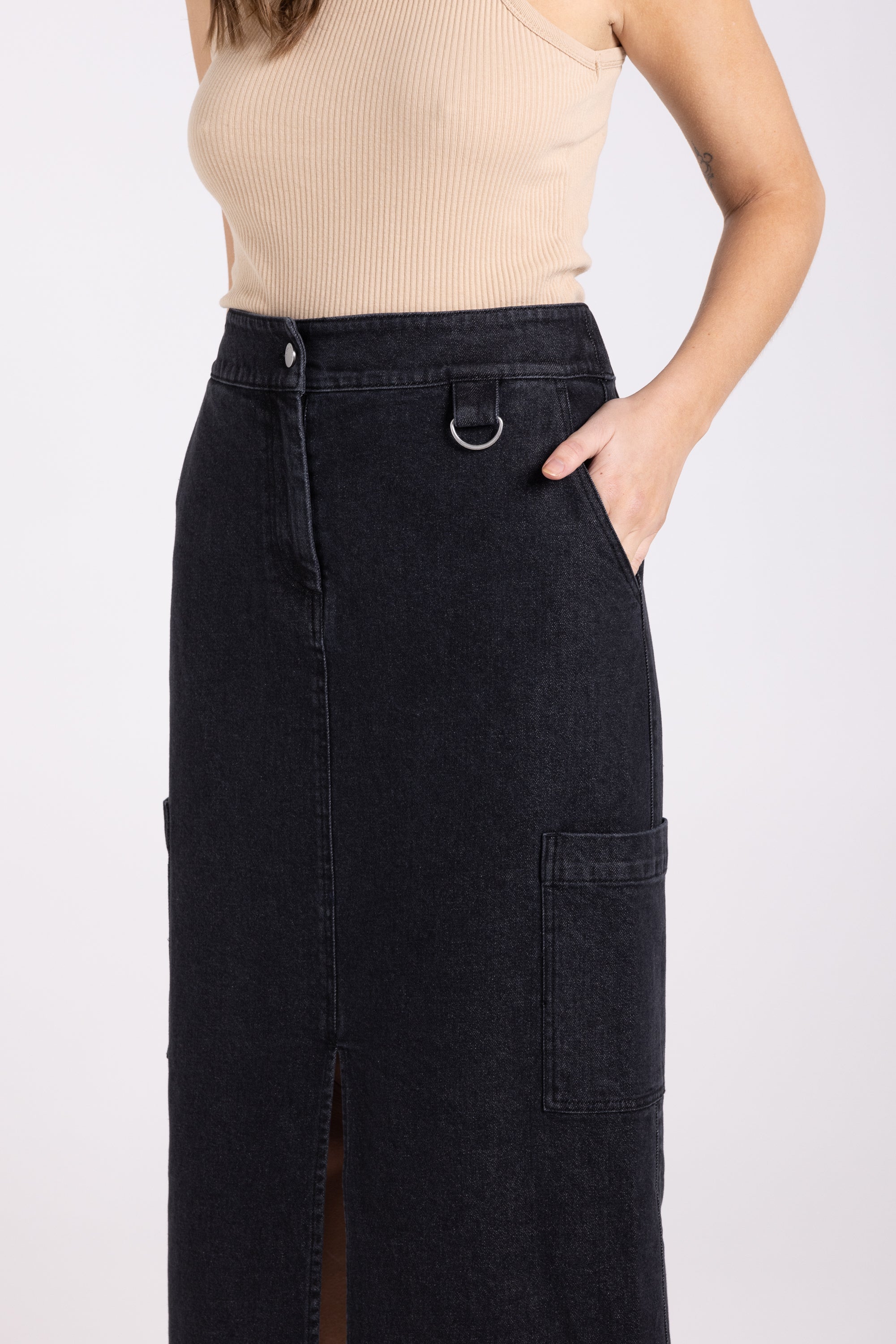 Two T's Denim Midi Cargo Skirt - Black