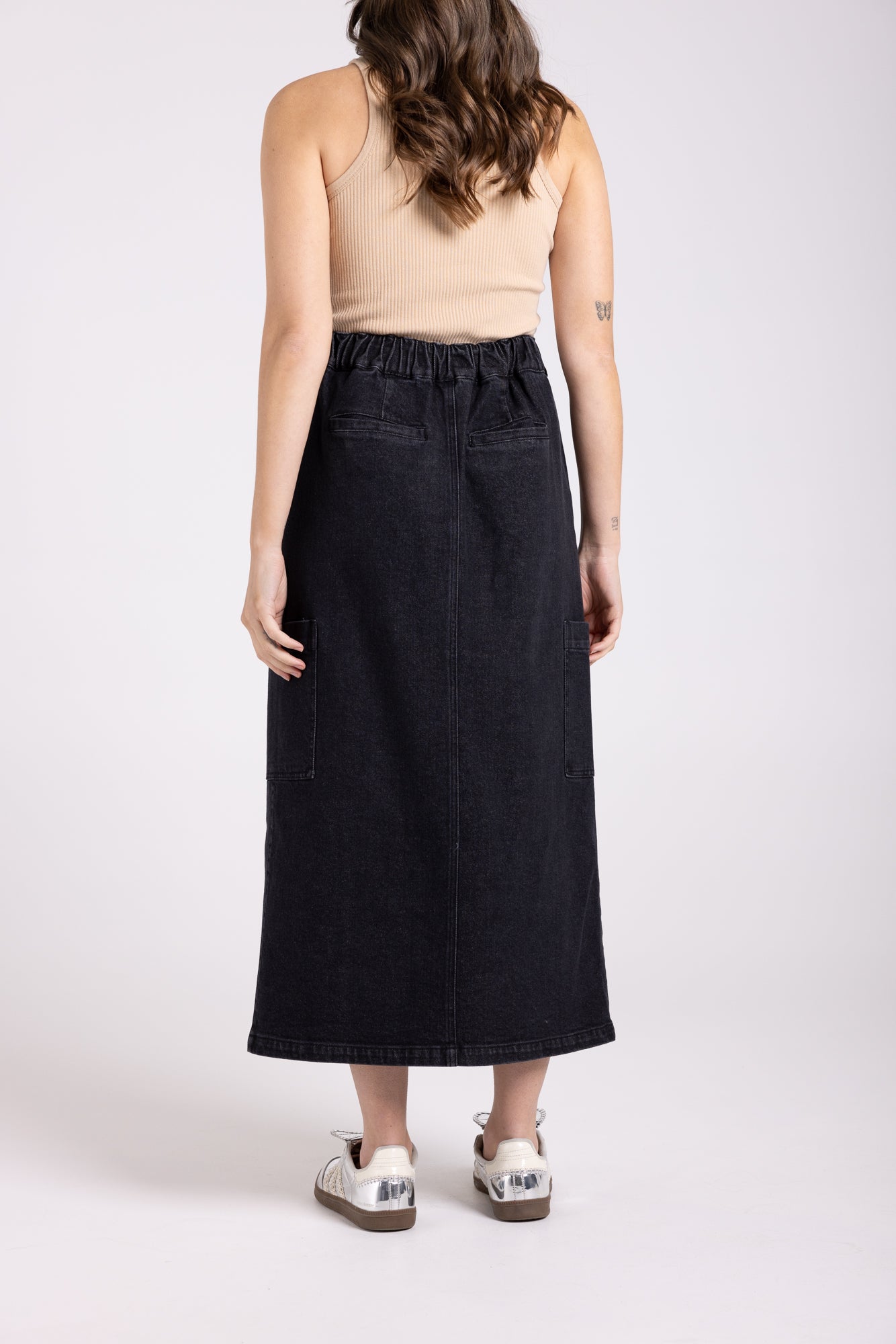 Two T's Denim Midi Cargo Skirt - Black