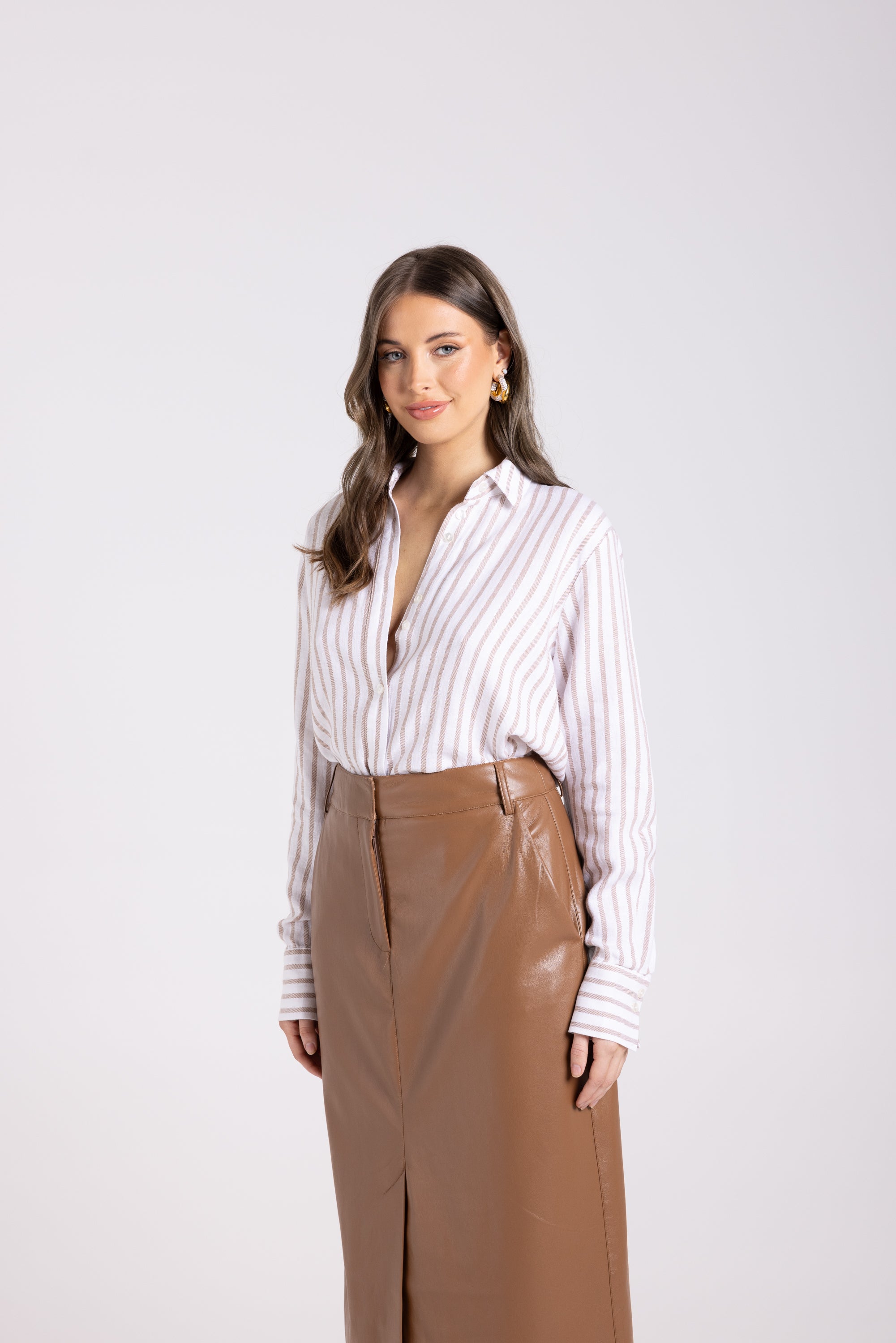 Two T's Stripe Shirt - Camel/White