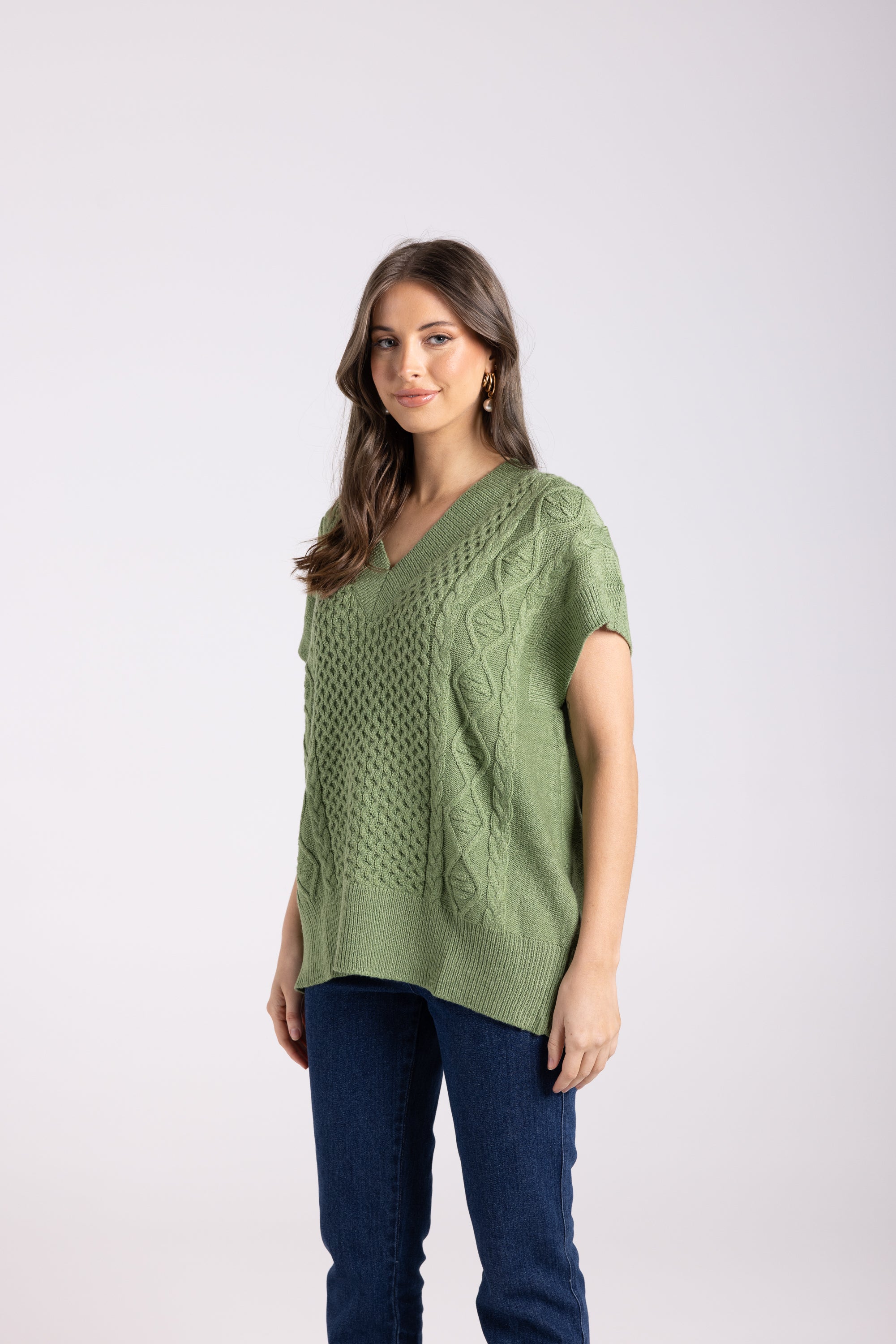 Two T's Cable V-Neck Vest - Kiwi Green