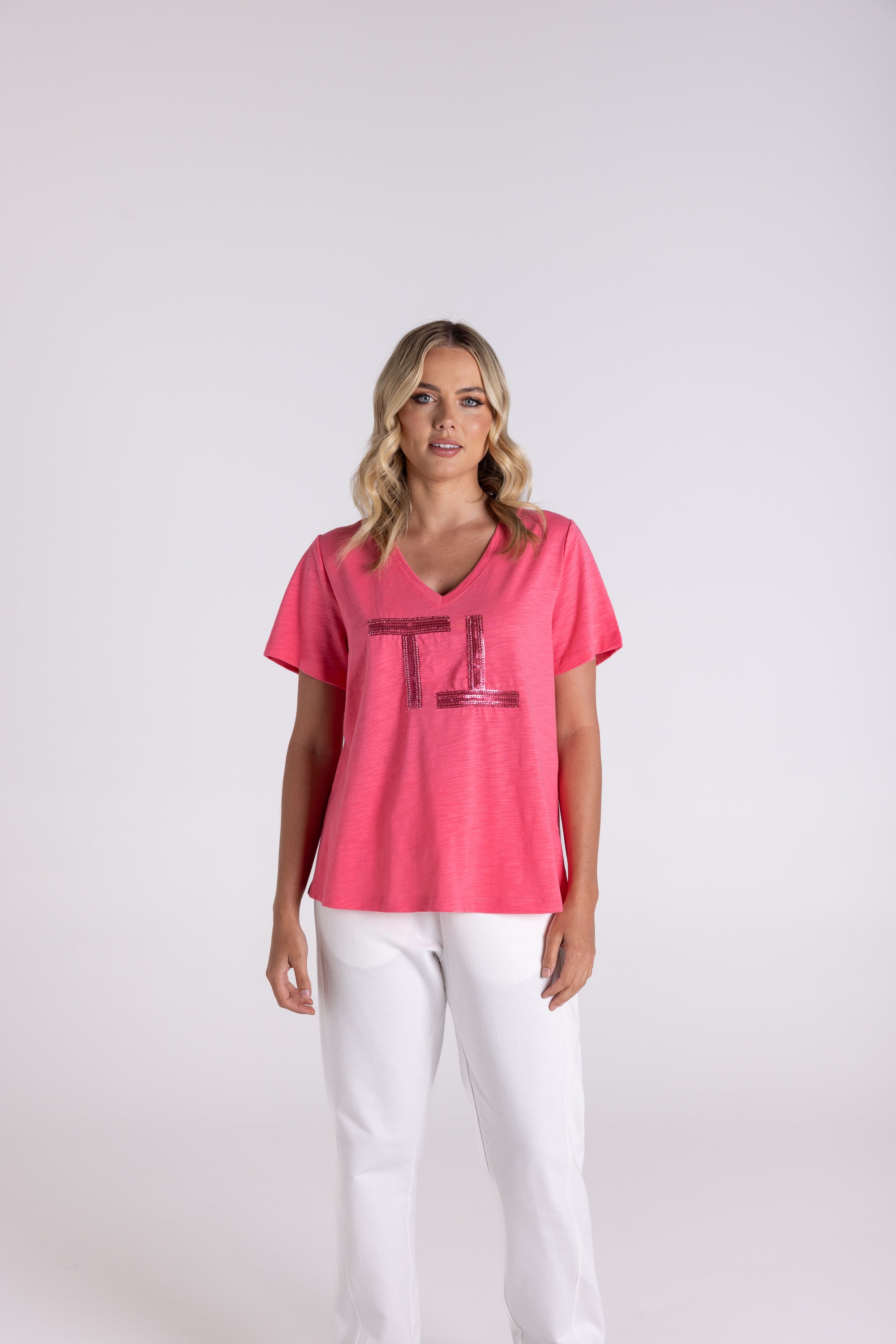 Two T's V Neck Beaded & Sequin Logo T-Shirt - Flamingo