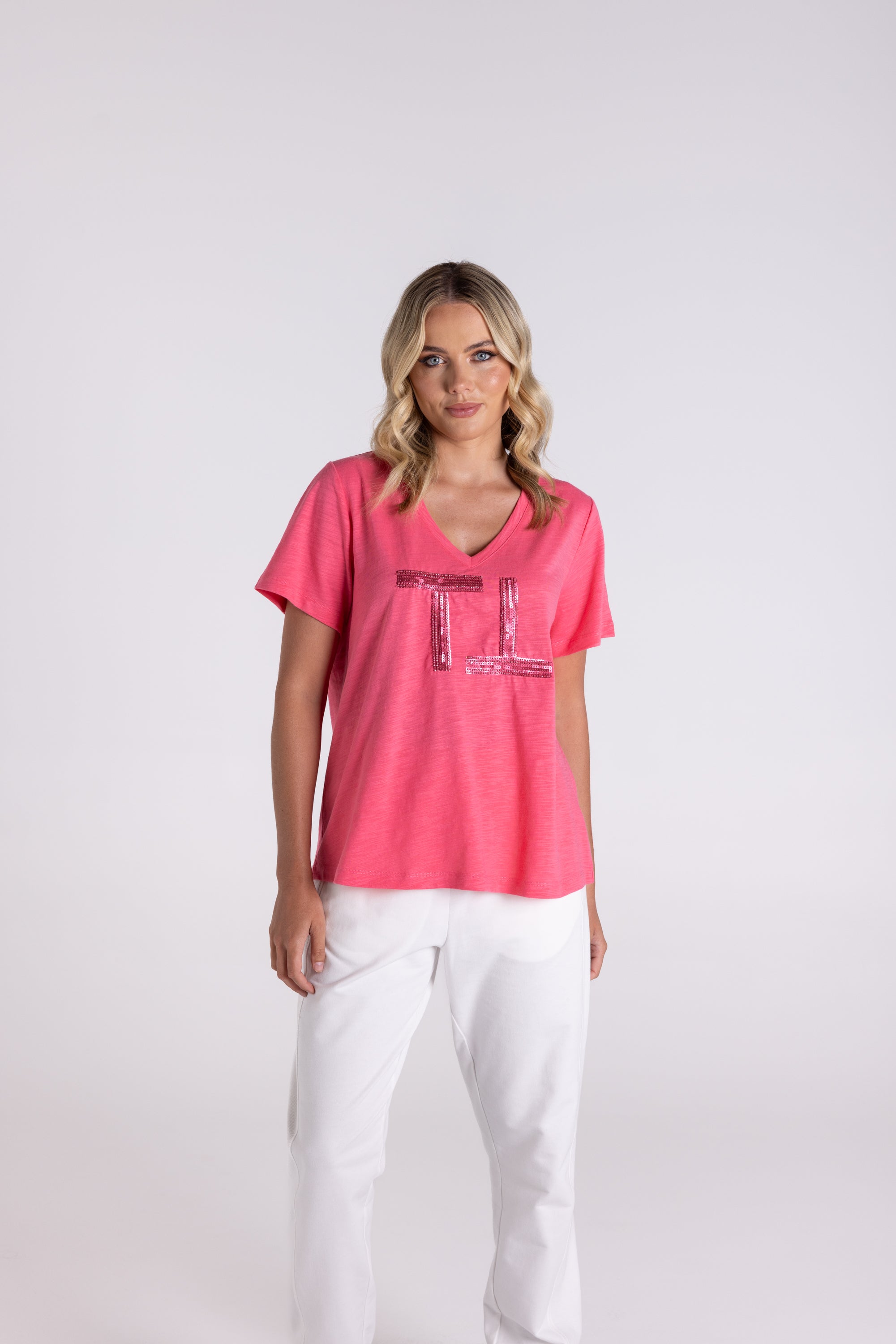 Two T's V Neck Beaded & Sequin Logo T-Shirt - Flamingo
