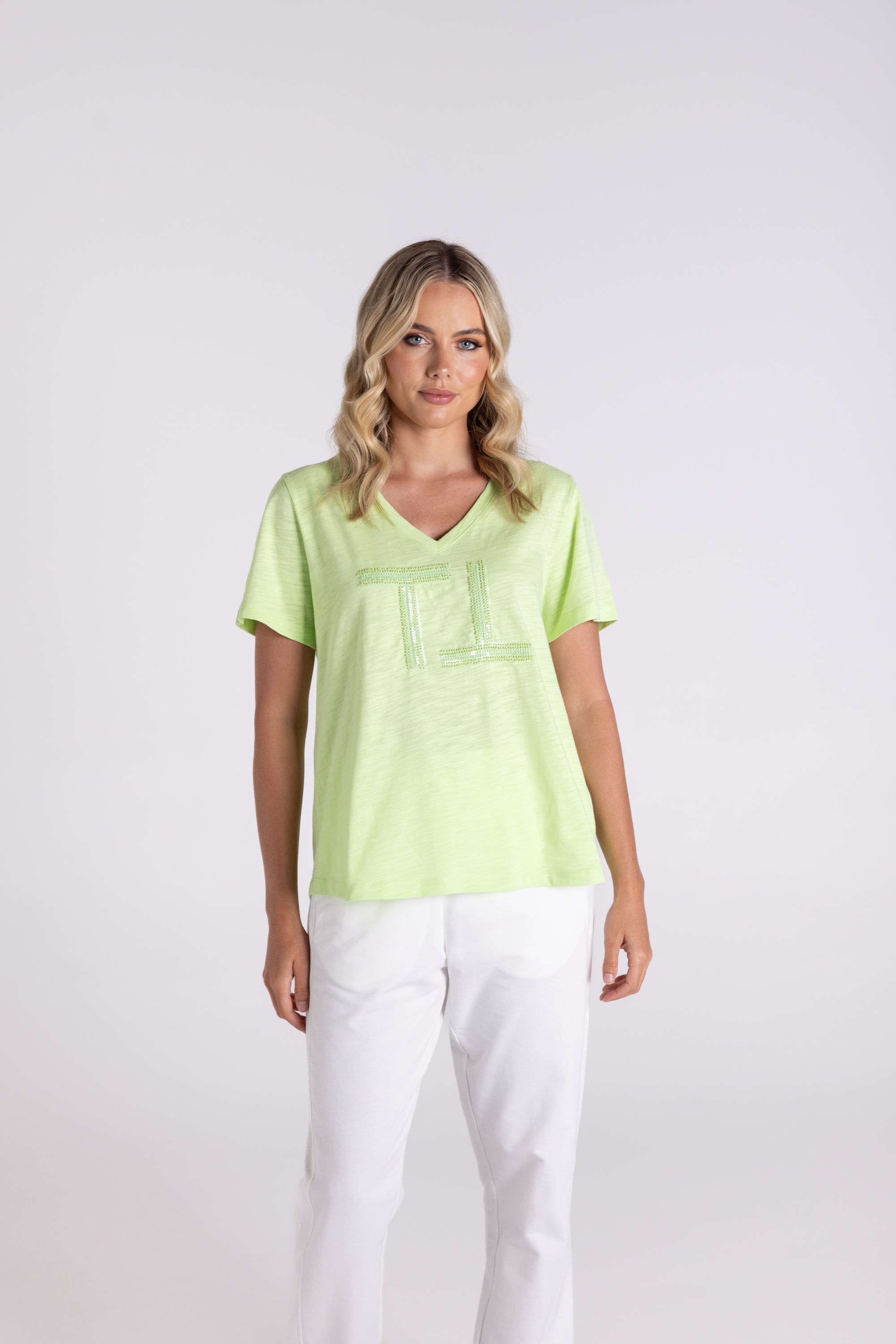 Two T's V Neck Beaded & Sequin Logo T-Shirt - Lime