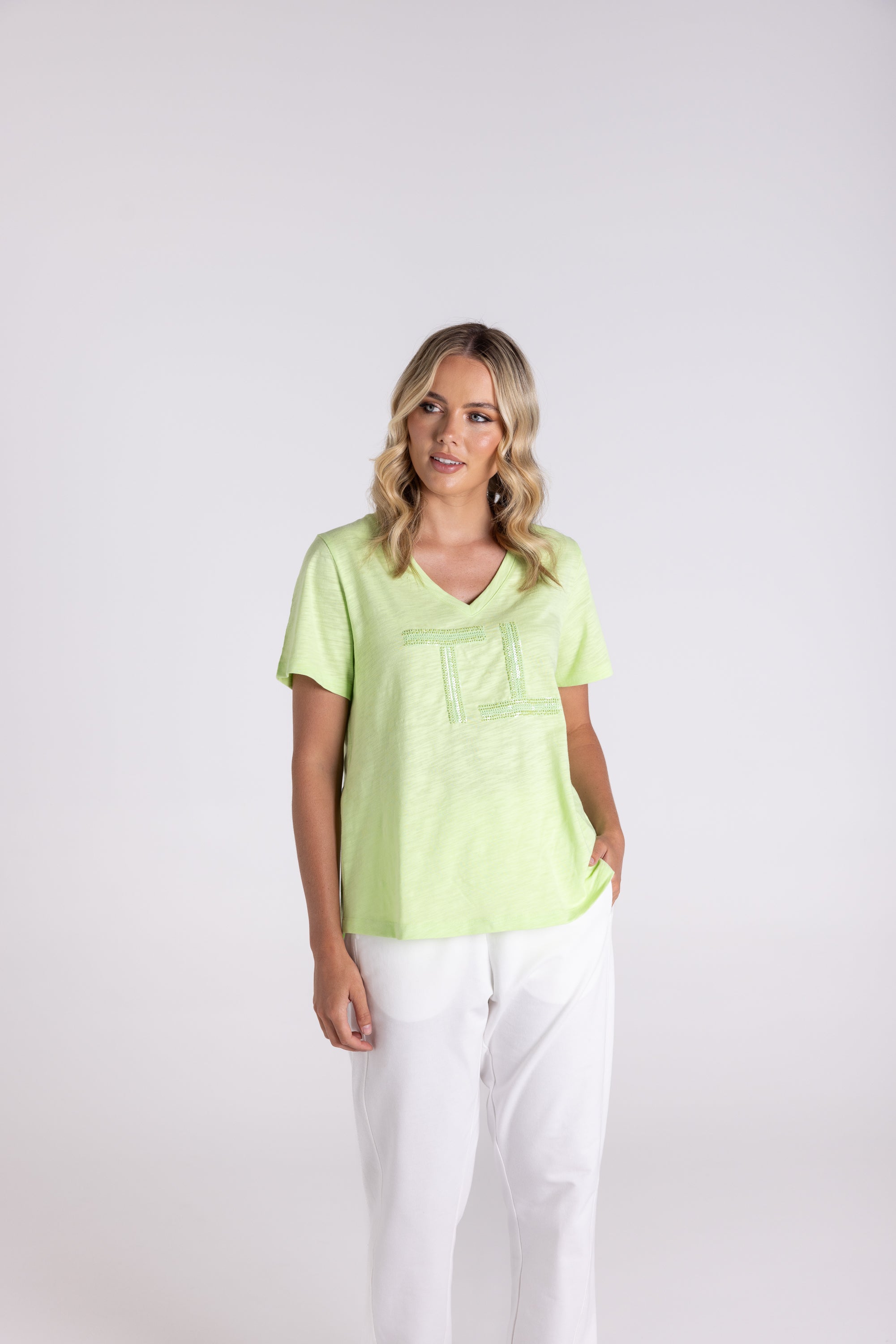 Two T's V Neck Beaded & Sequin Logo T-Shirt - Lime