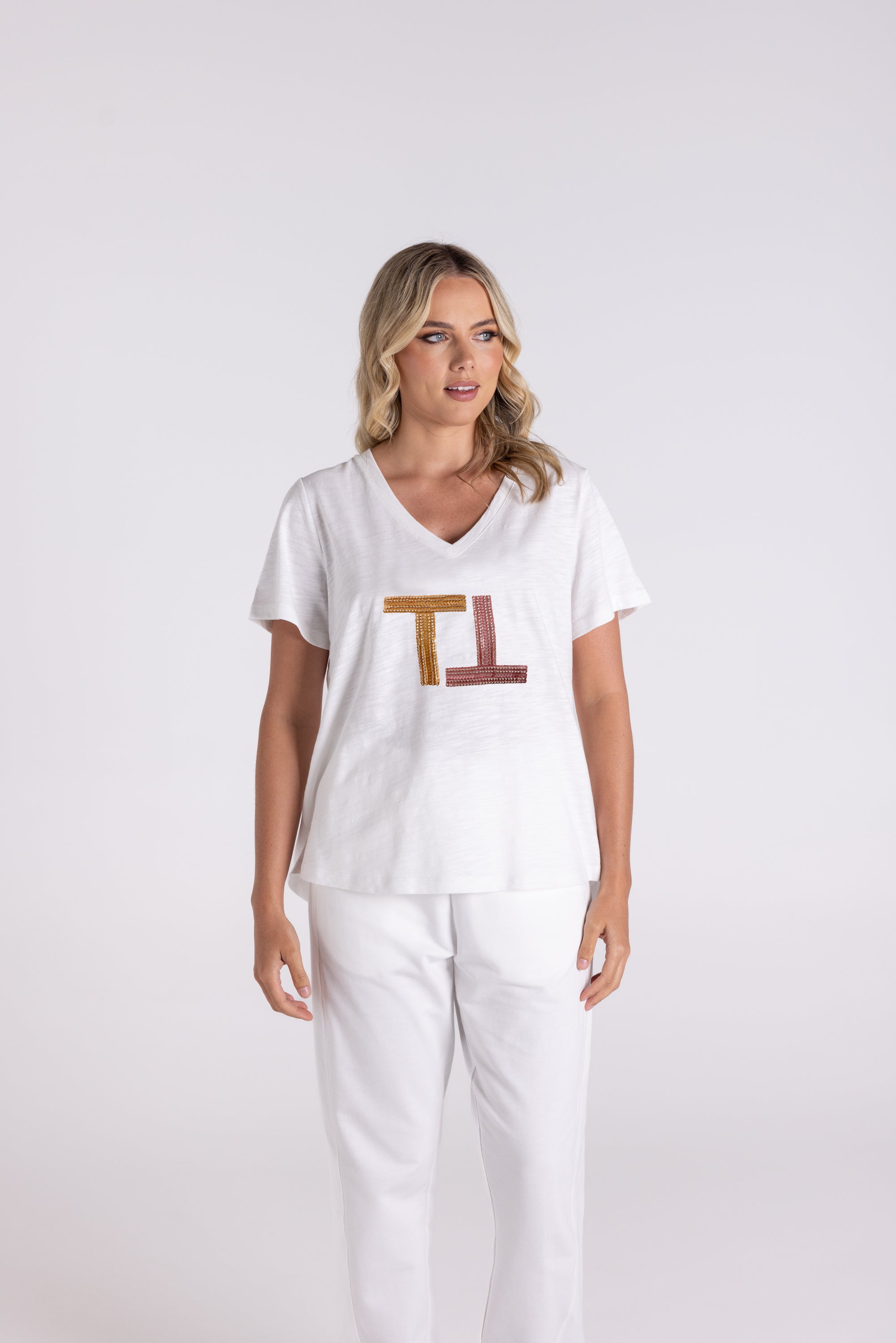 Two T's V Neck Beaded & Sequin Logo T-Shirt - White/Sand/Pink