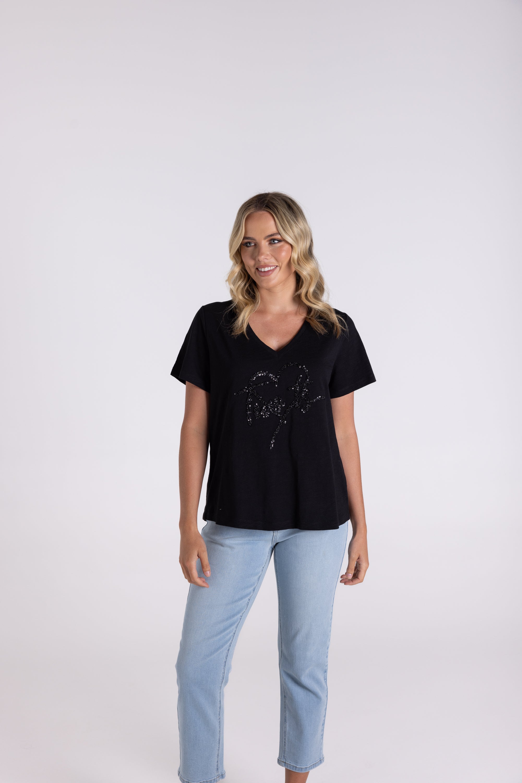 Two T's V-Neck Sequin Heart Logo T-Shirt - Black