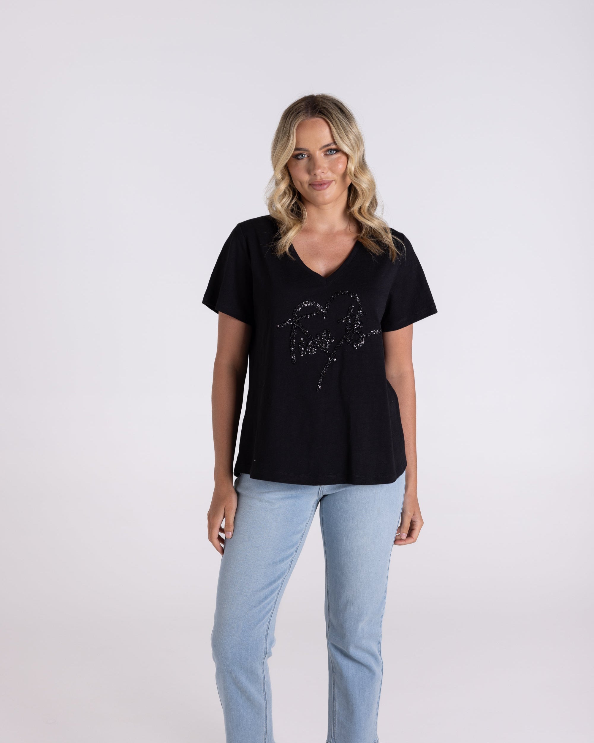 Two T's V-Neck Sequin Heart Logo T-Shirt - Black
