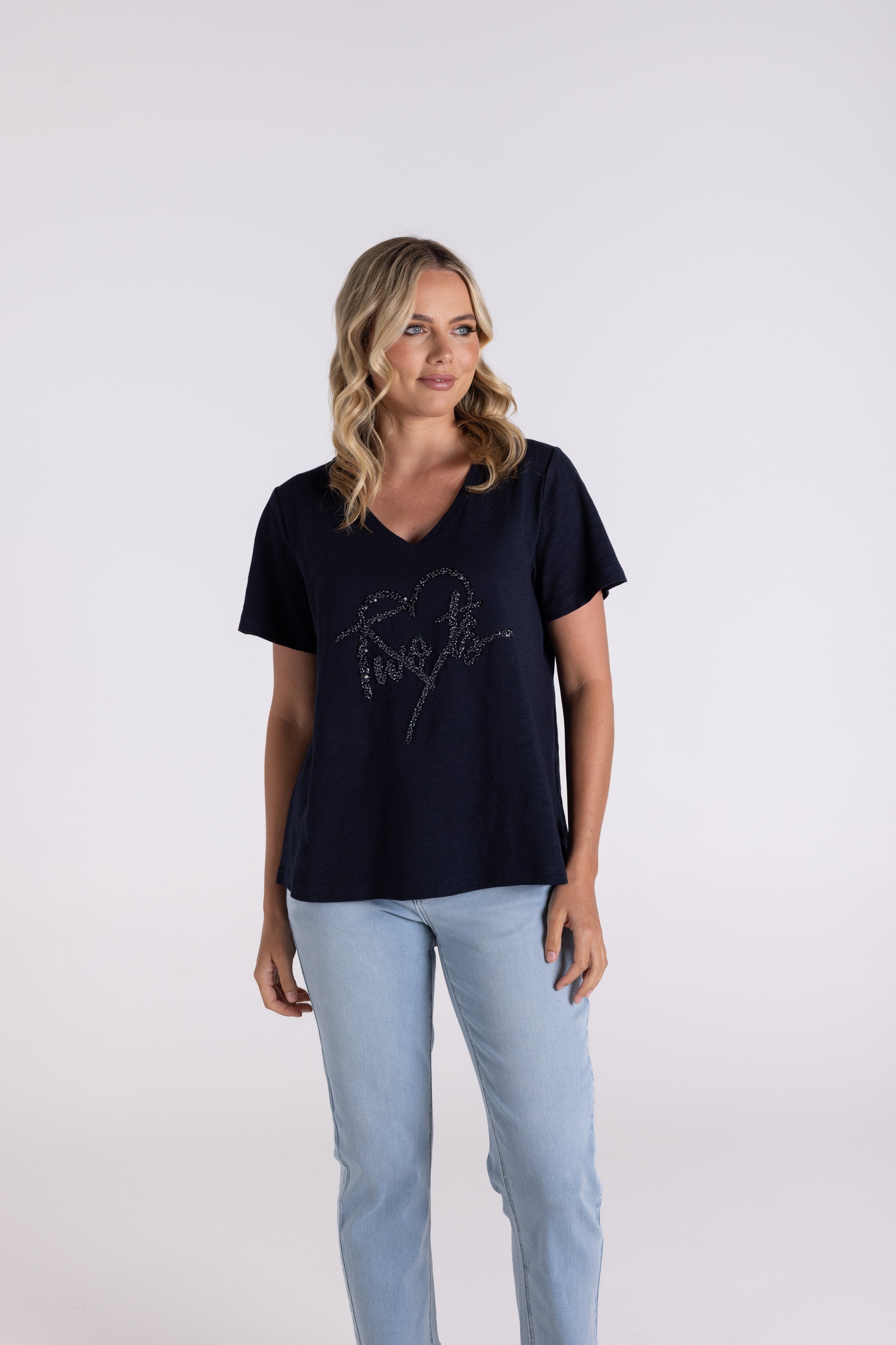 Two T's V-Neck Sequin Heart Logo T-Shirt - Navy