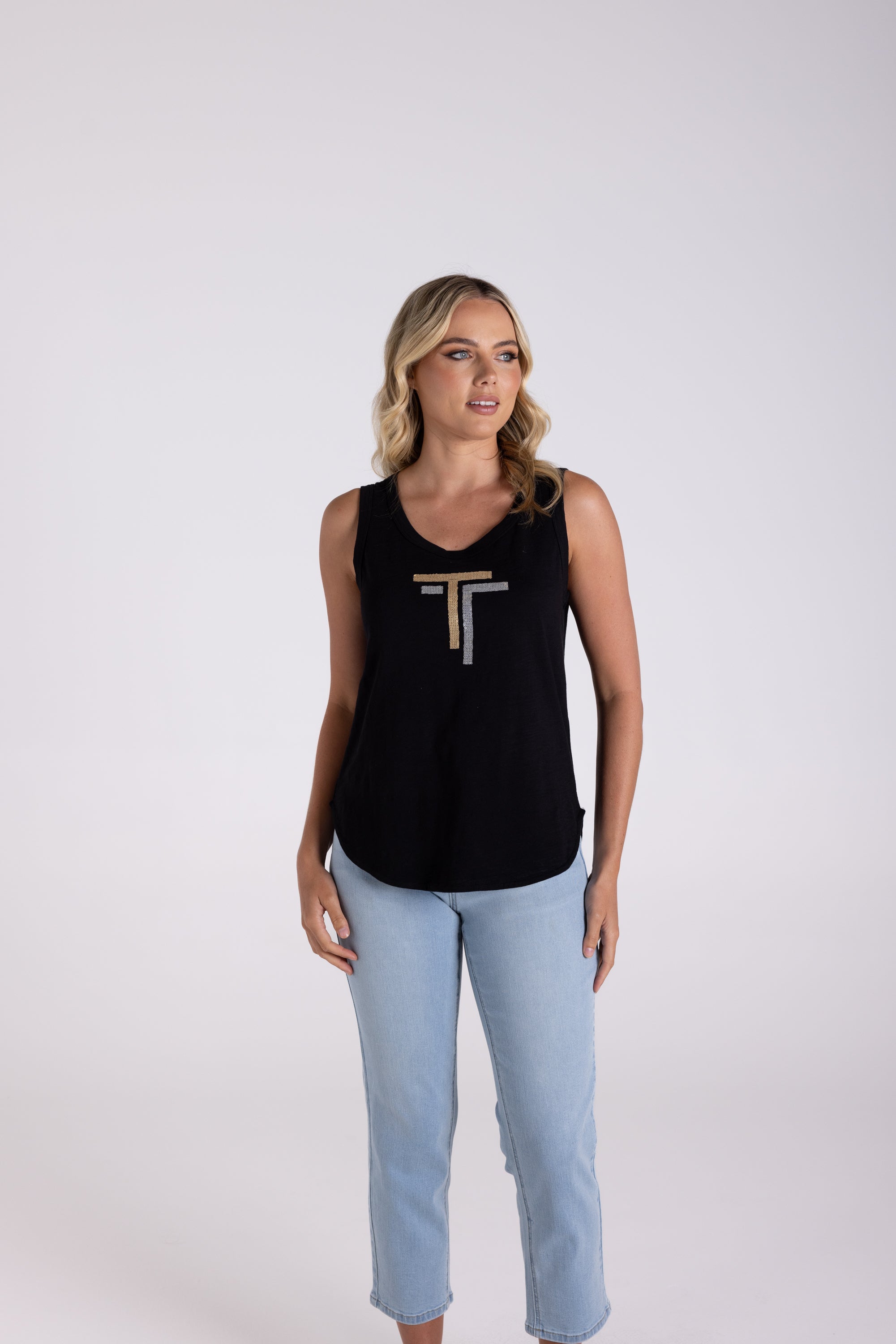 Two T's Sequin Logo Tank Top - Black