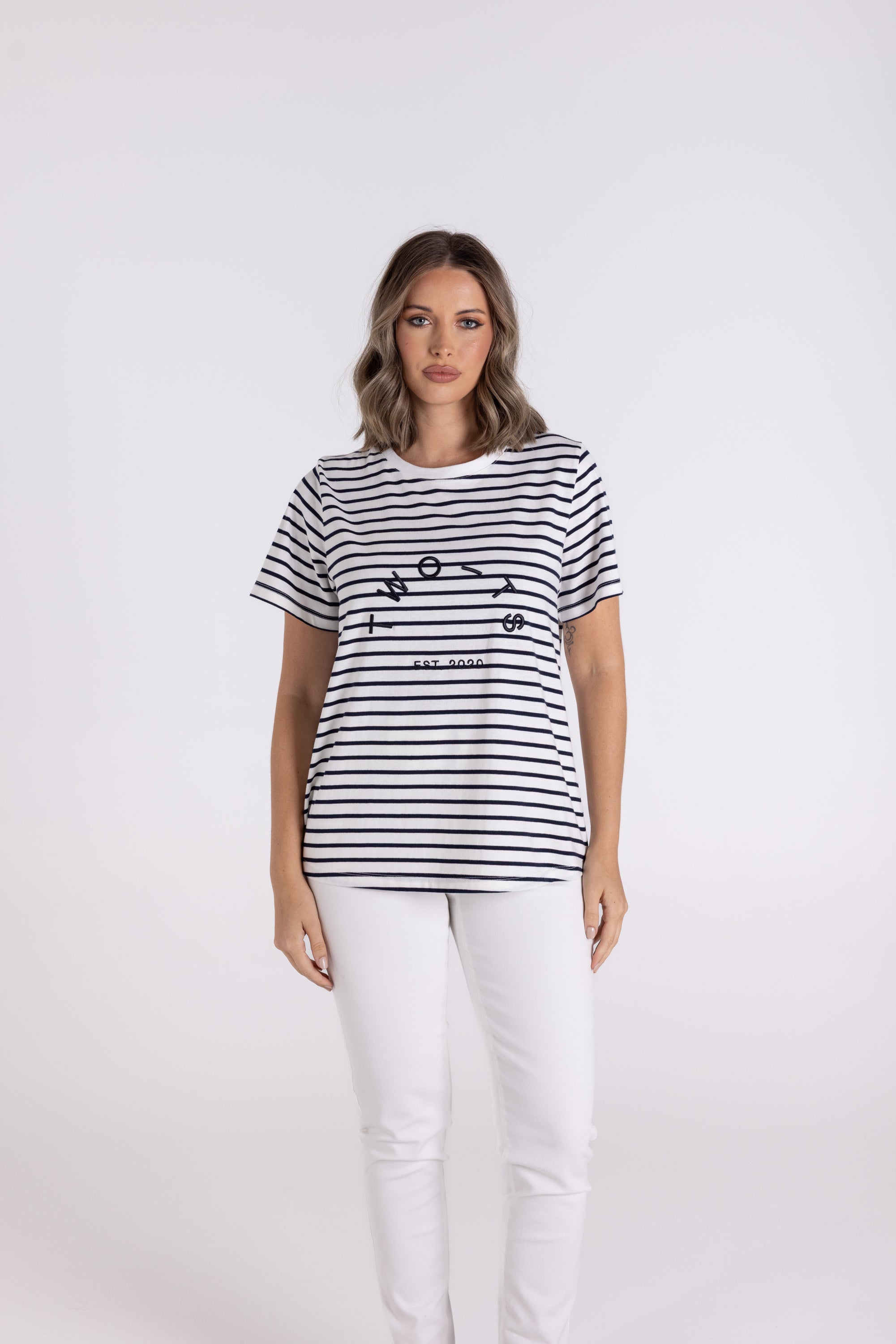 Two T's Stripe Short Sleeve Crew with Embroidery Tee - Navy/White