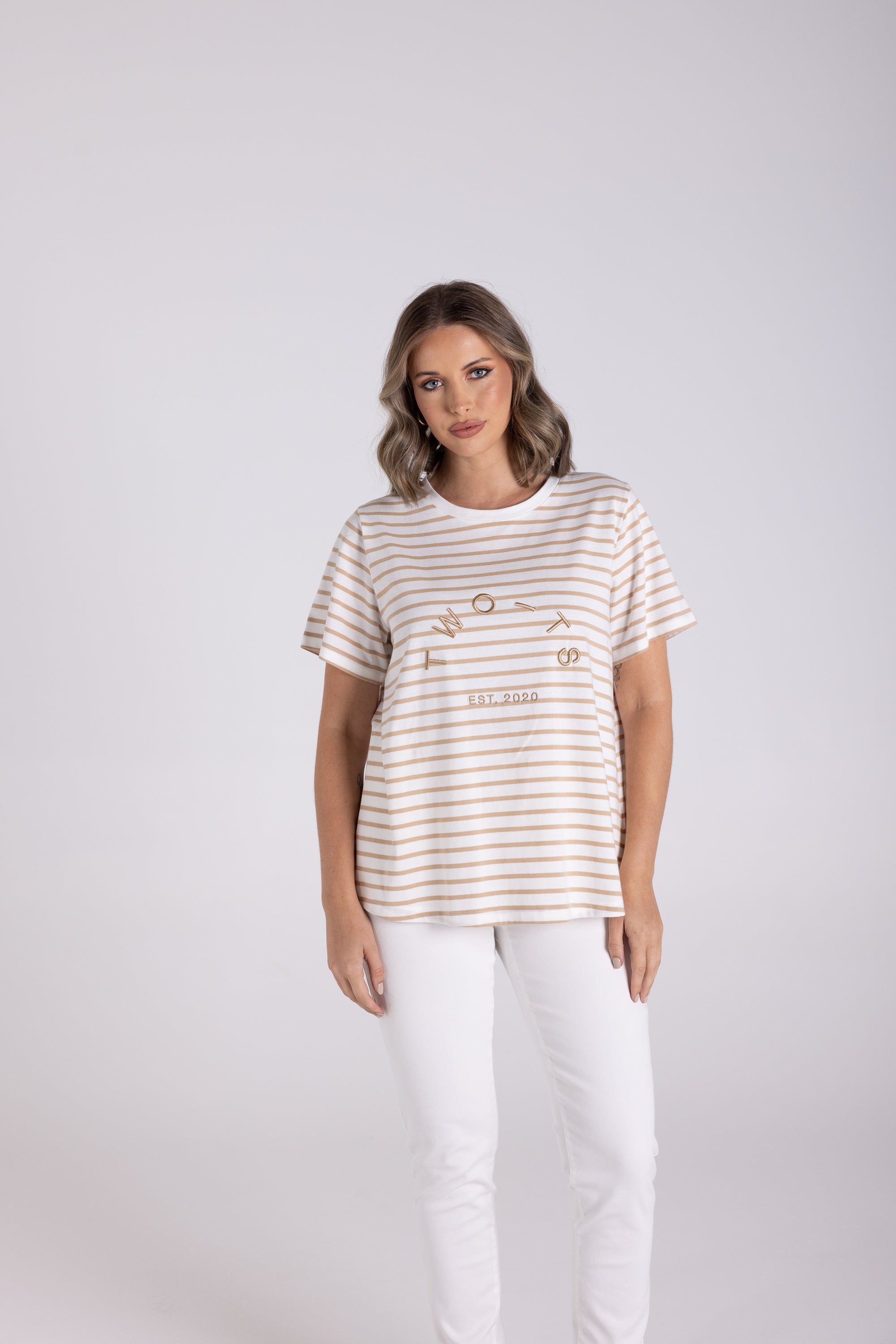 Two T's Stripe Short Sleeve Crew with Embroidery Tee - Sand/White