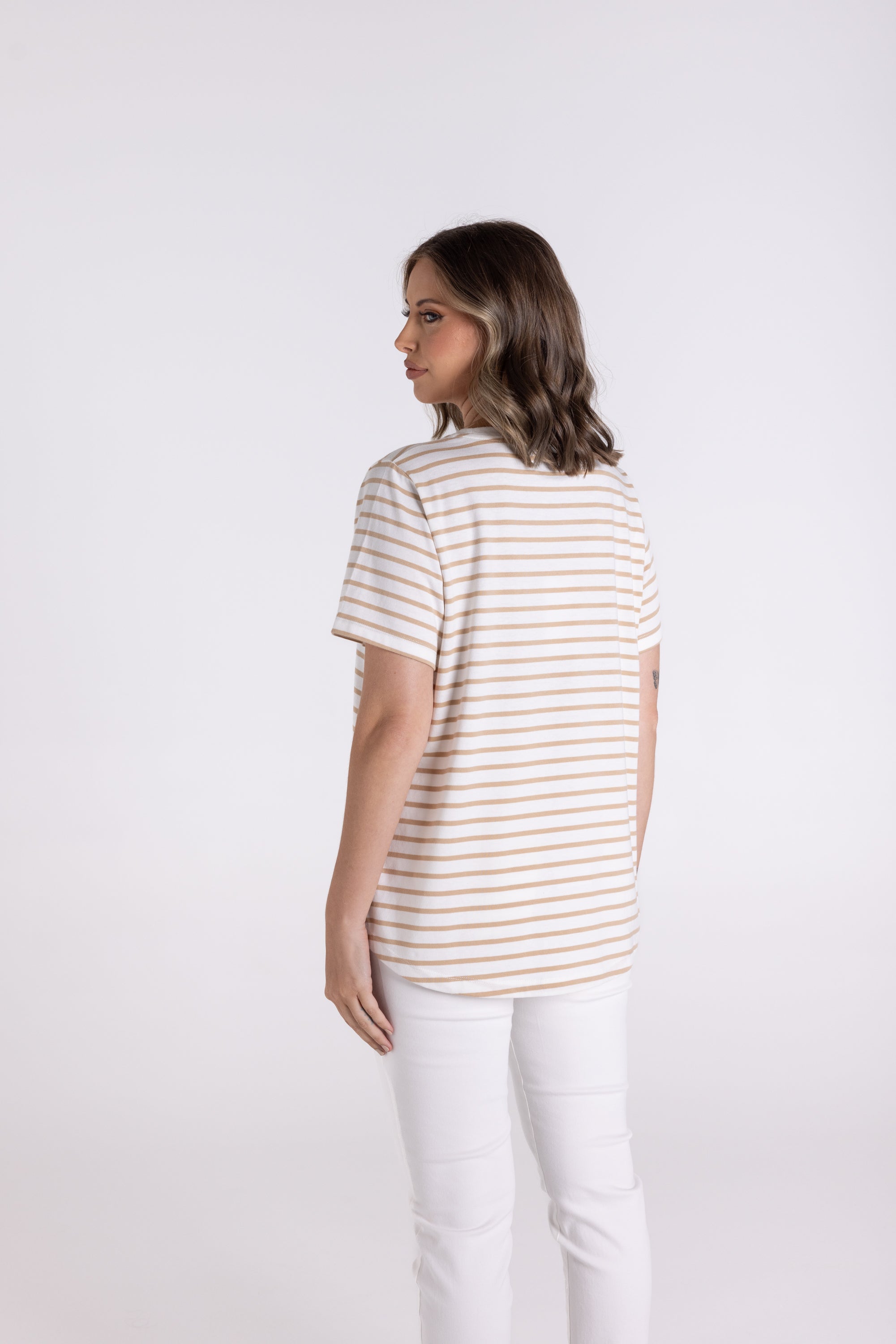 Two T's Stripe Short Sleeve Crew with Embroidery Tee - Sand/White