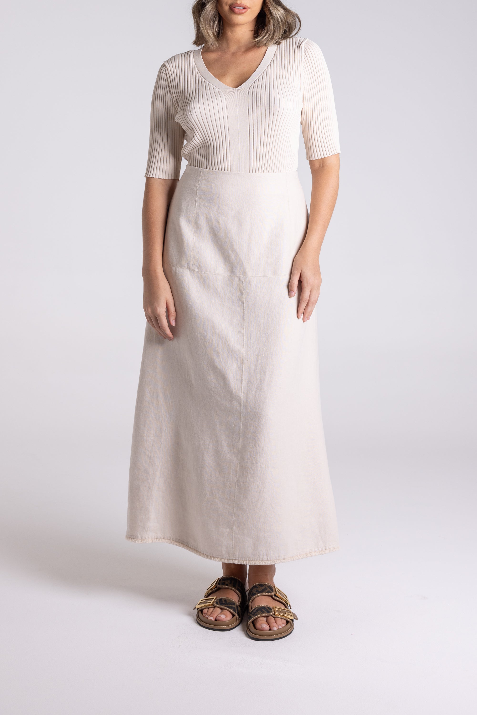 Two T's Linen Tweed Midi Skirt - Natural