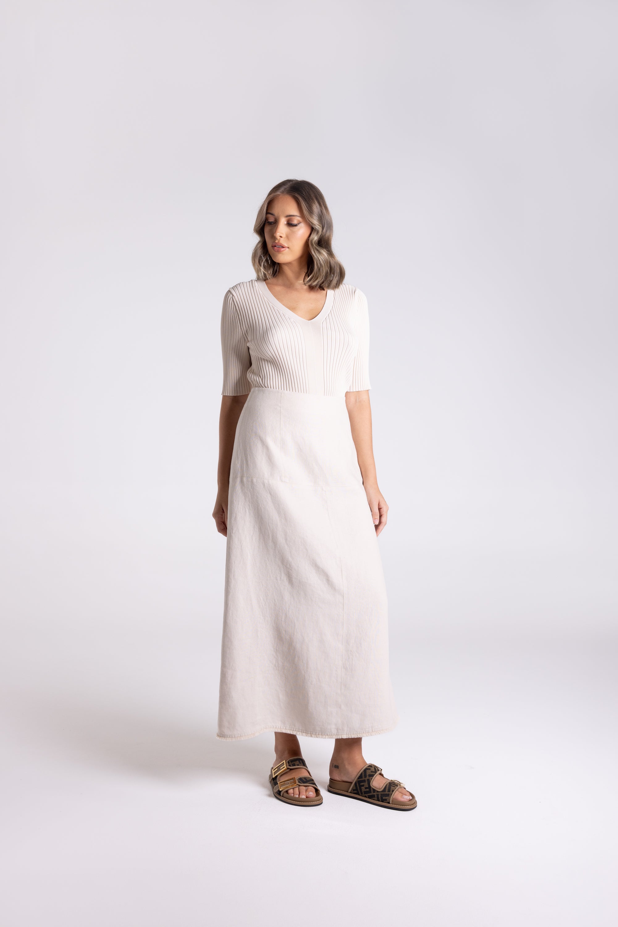 Two T's Linen Tweed Midi Skirt - Natural
