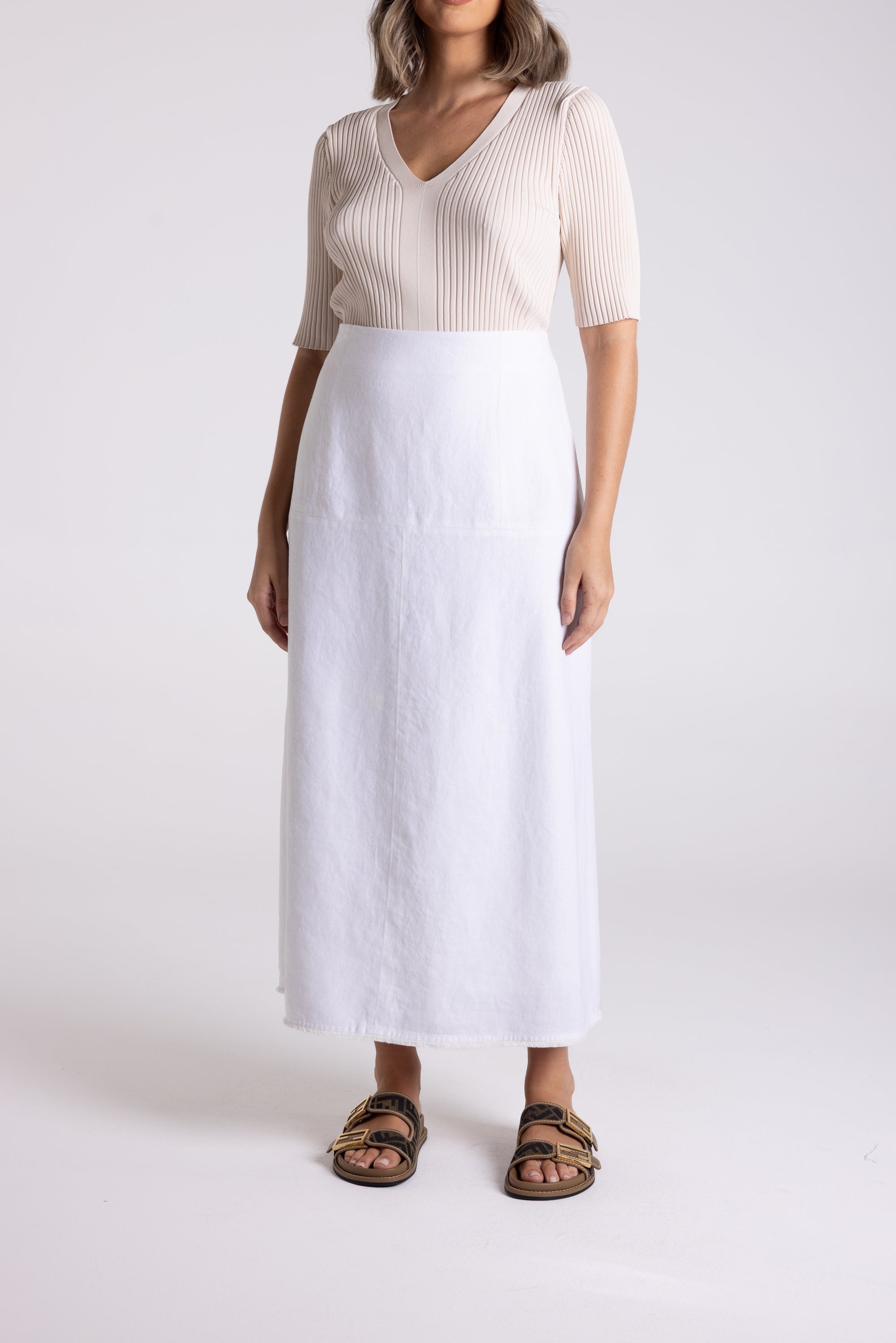 Two T's Linen Tweed Midi Skirt - White