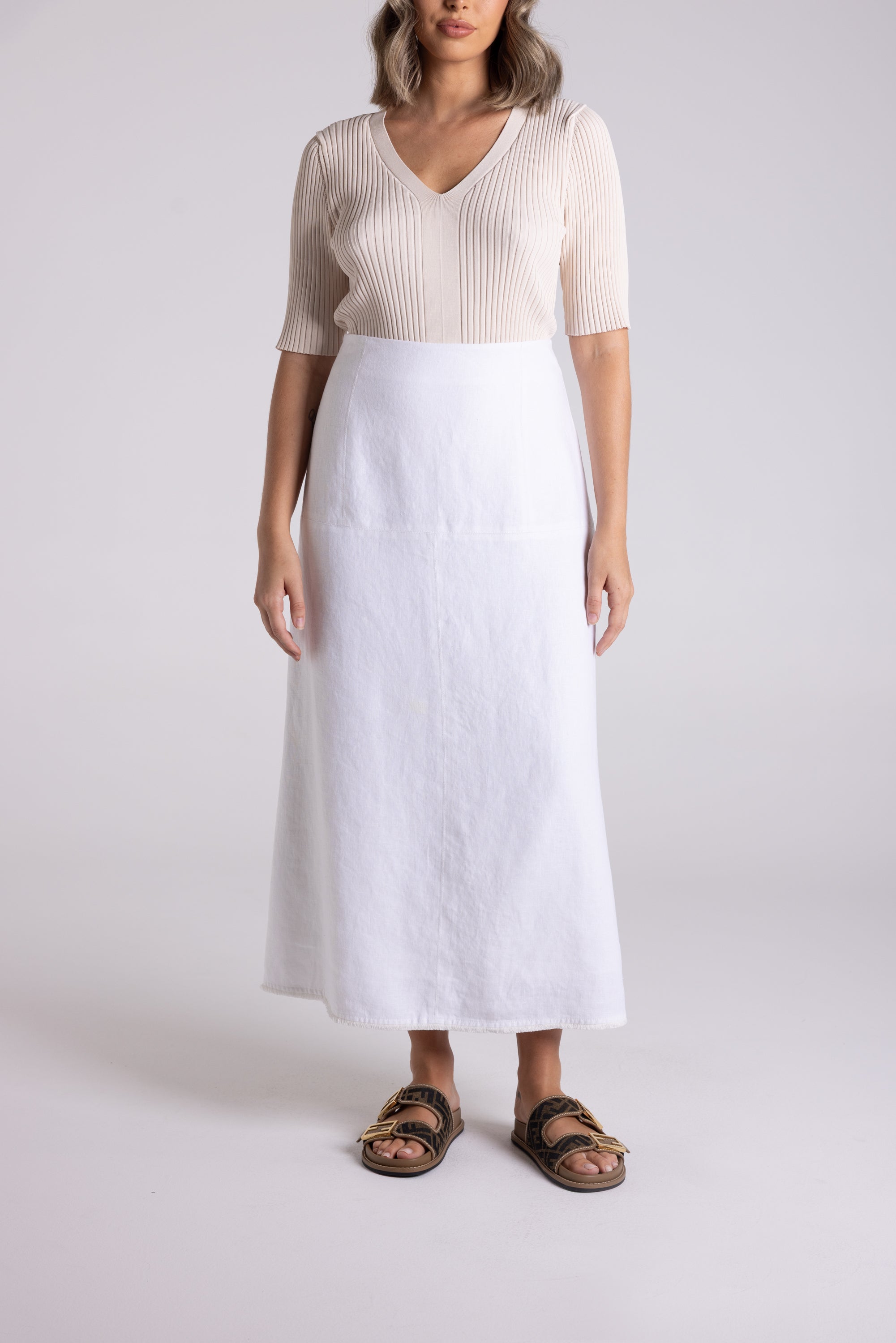 Two T's Linen Tweed Midi Skirt - White