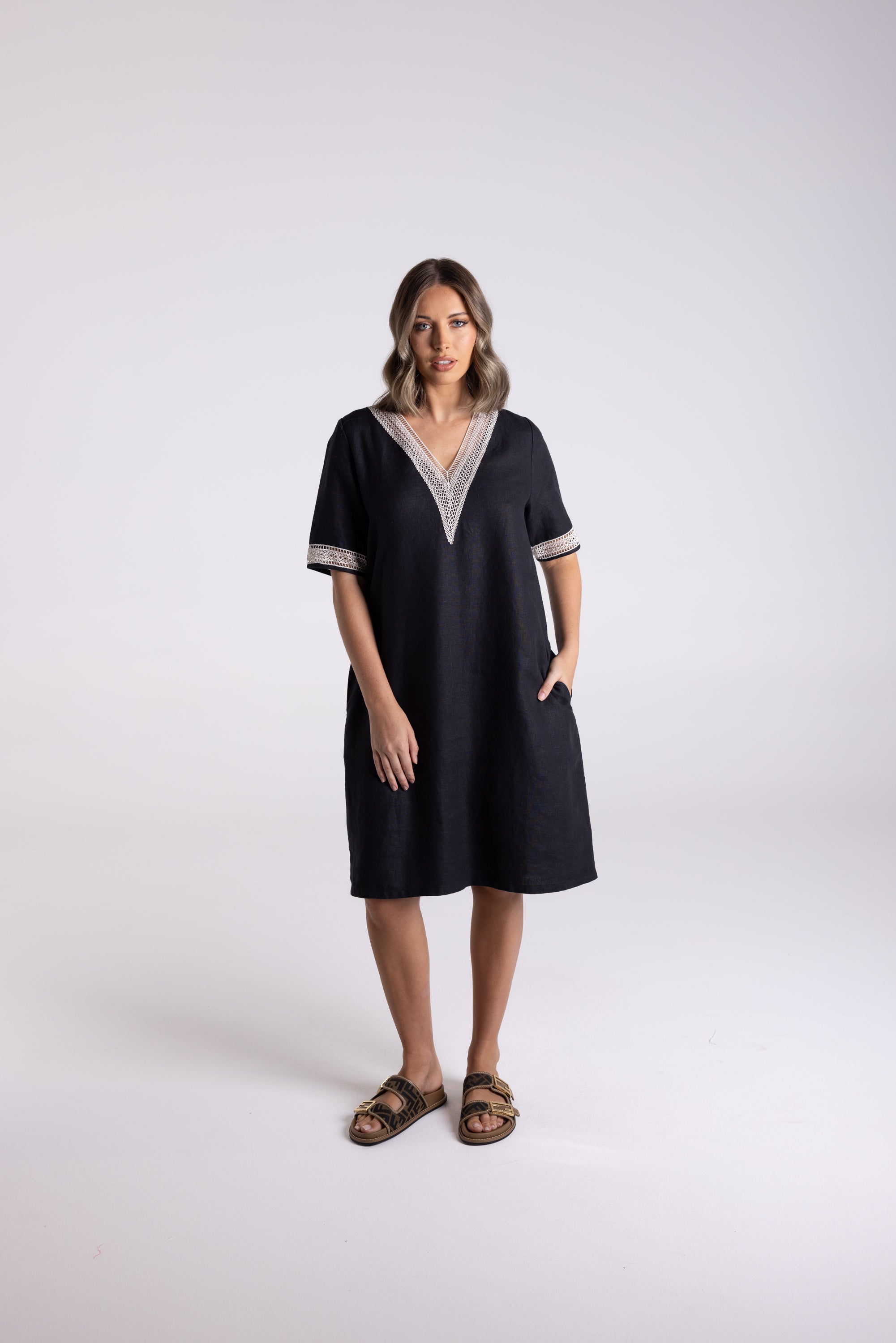 Two T's V-Neck Dress with Lace Detail - Black/Natural Lace