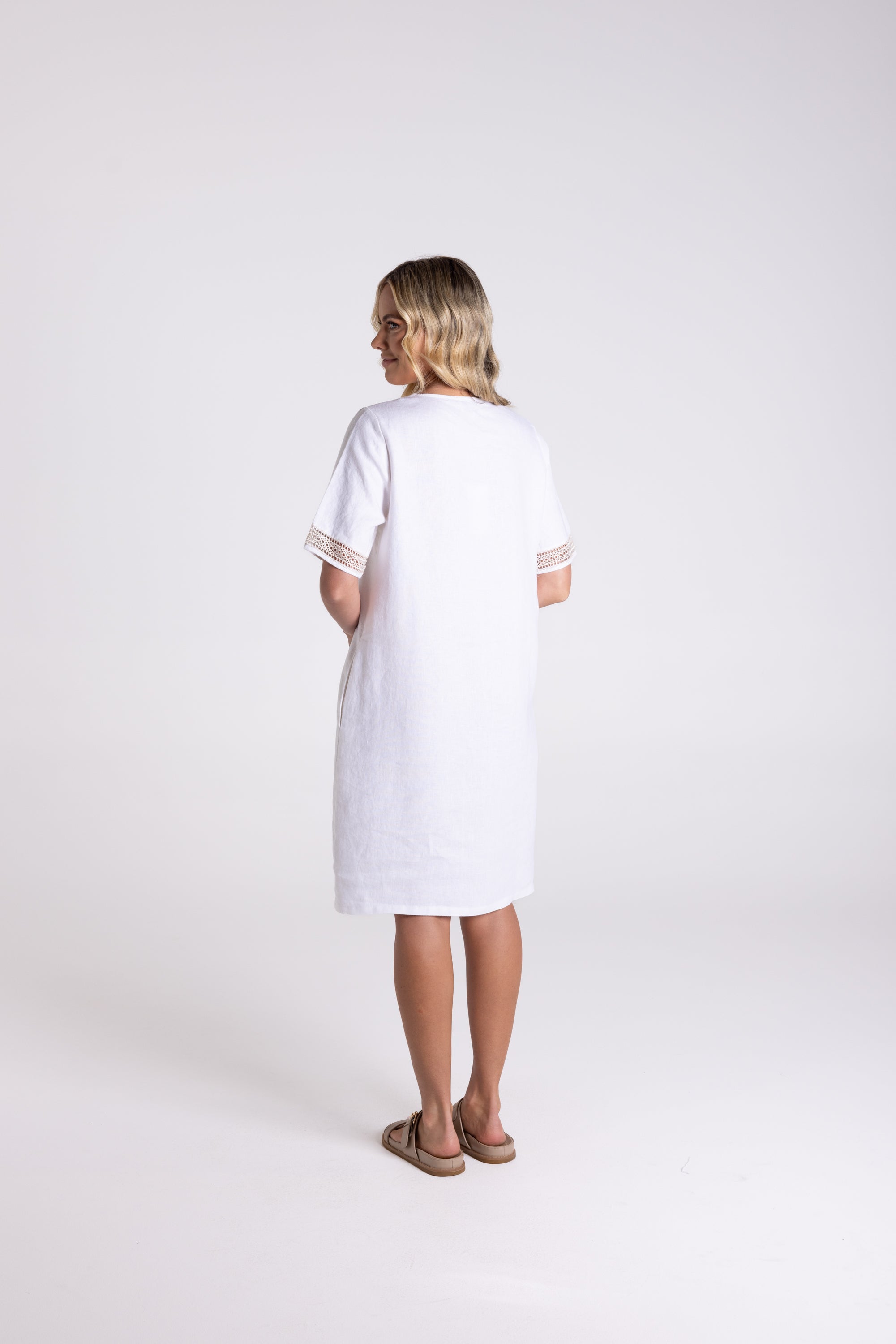 Two T's V Neck with Lace Detail Dress - White/Natural