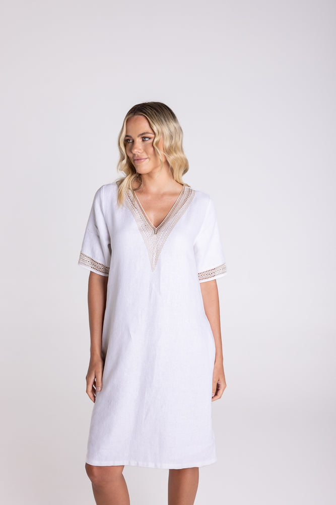 Two T's V Neck with Lace Detail Dress - White/Natural