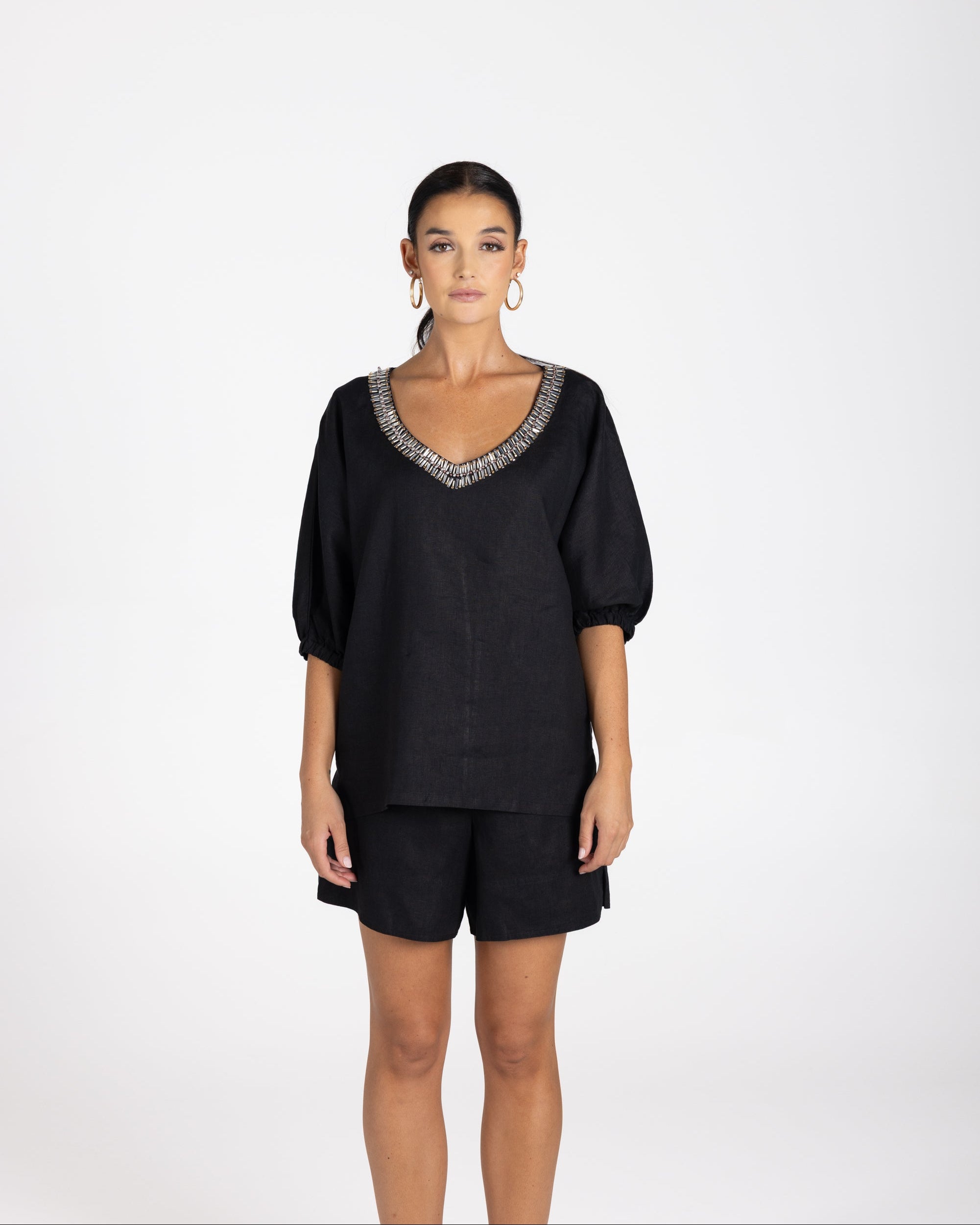 Two T's Linen V-Neck Beaded Top - Black