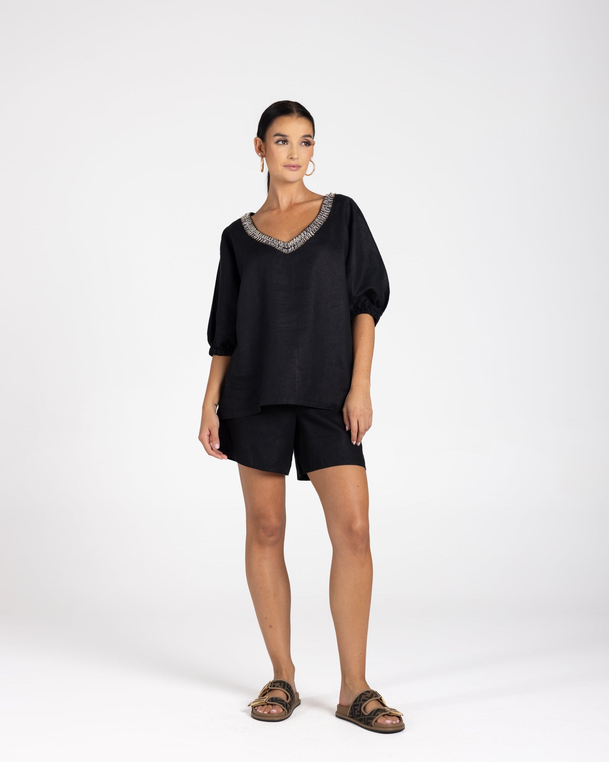 Two T's Linen V-Neck Beaded Top - Black