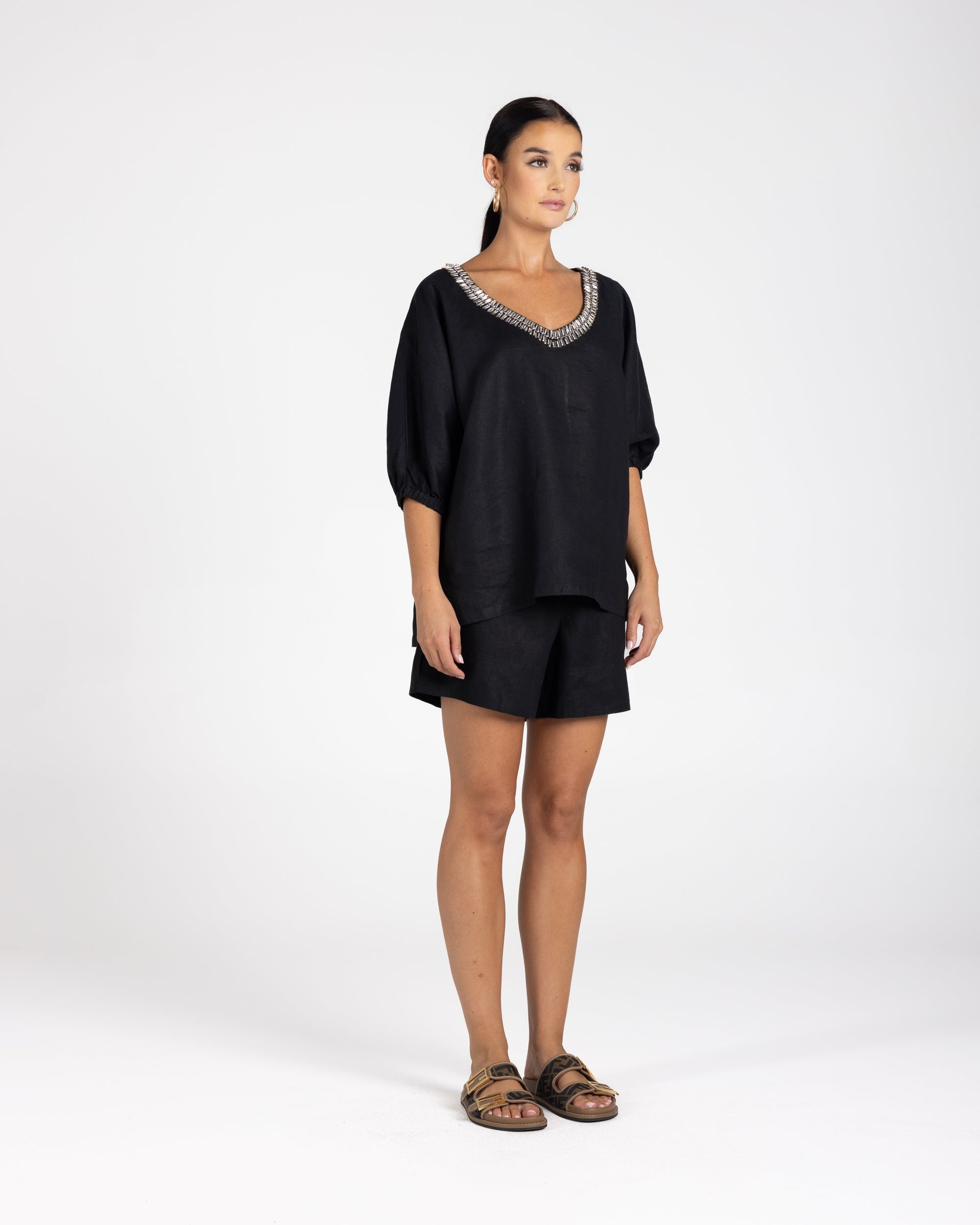 Two T's Linen V-Neck Beaded Top - Black