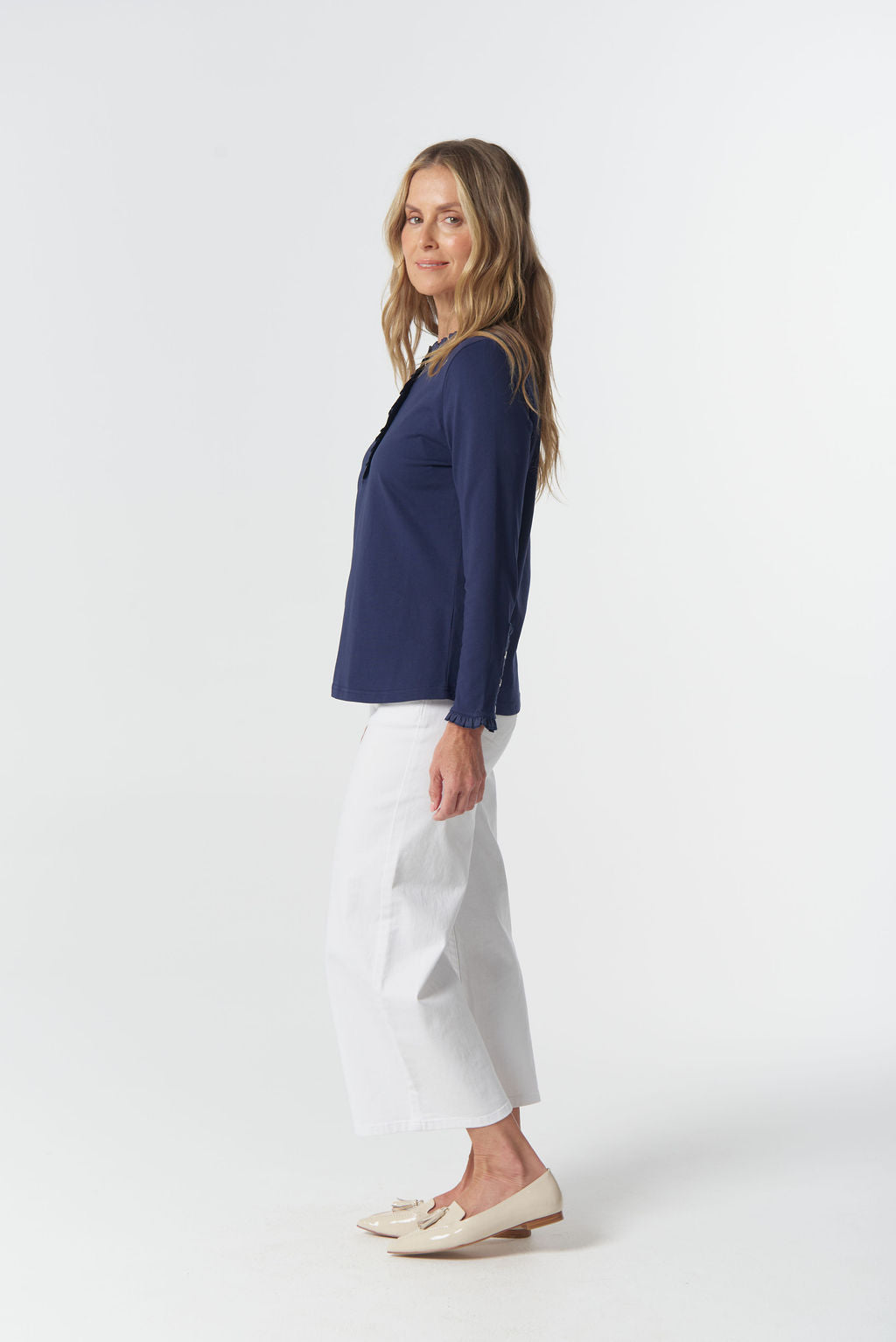 Goondiwindi Cotton Frill Collar Long Sleeve Tee - Parisian Navy