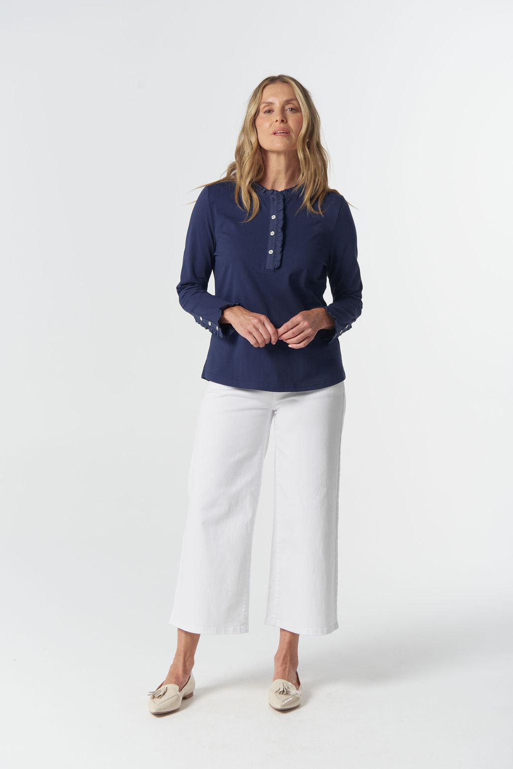 Goondiwindi Cotton Frill Collar Long Sleeve Tee - Parisian Navy