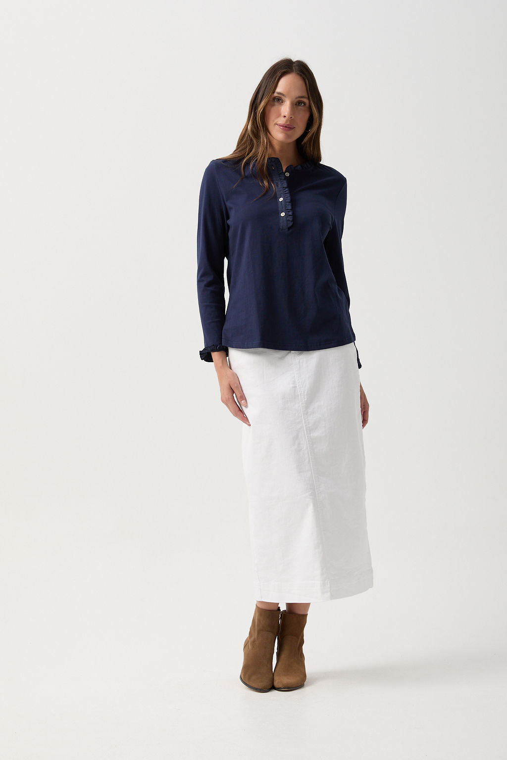 Goondiwindi Cotton Frilled Detailed Polo Long Sleeve Tee - Parisian Night