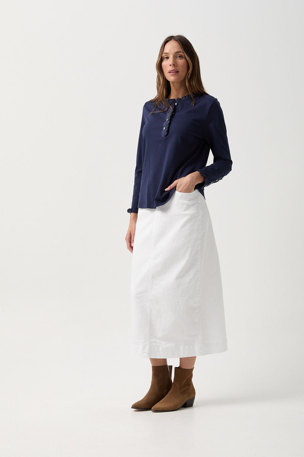 Goondiwindi Cotton Frilled Detailed Polo Long Sleeve Tee - Parisian Night